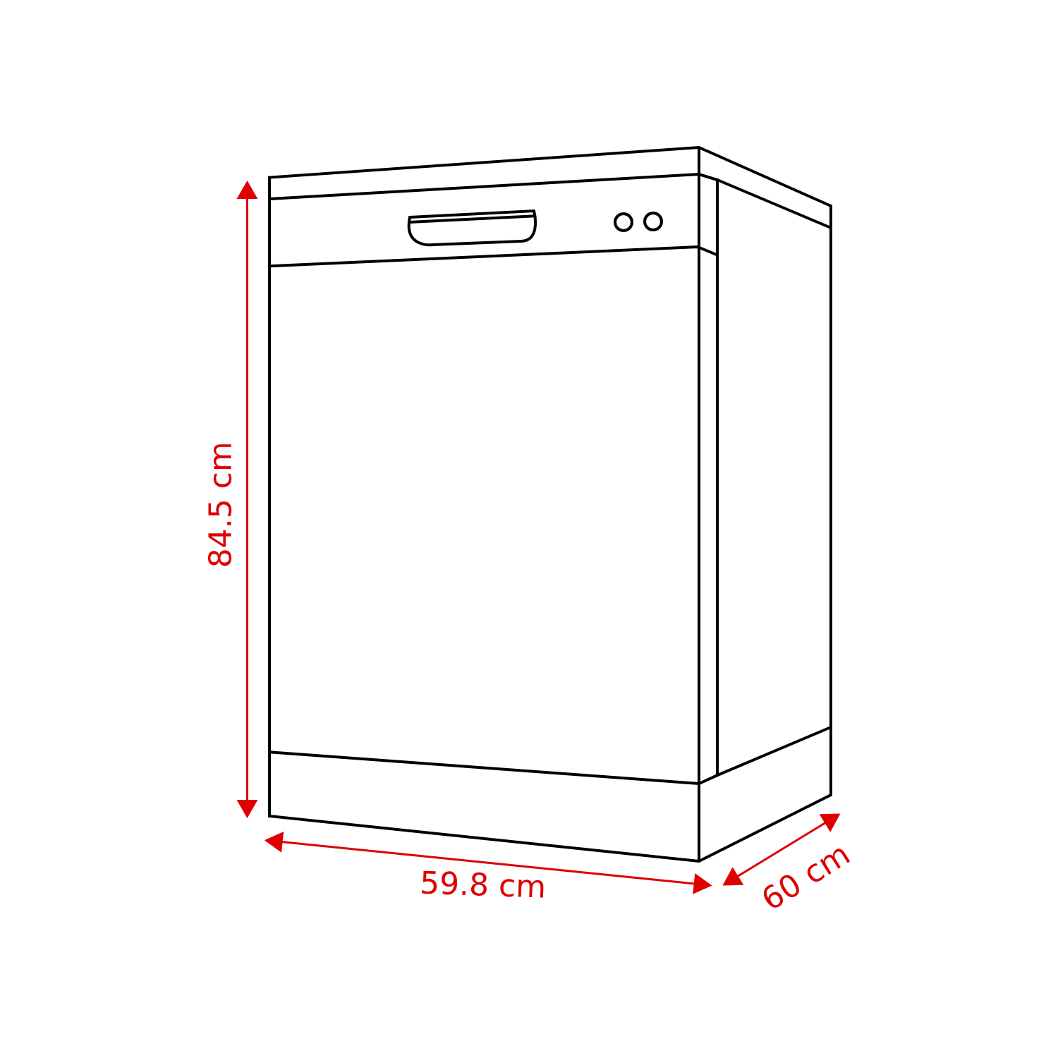 Line drawing of a dishwasher with dimensions: 84.5cm high, 59.8cm wide, and 60cm deep. It has a handle and control buttons.