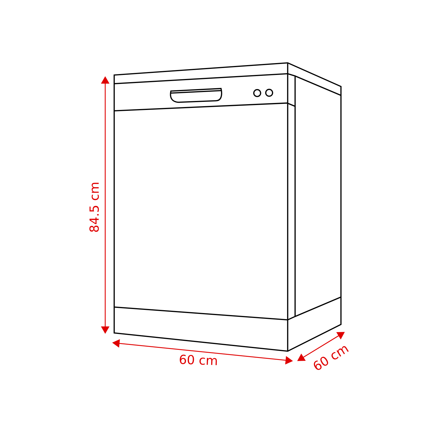 Un dessin au trait en noir et blanc d'un lave-vaisselle avec des dimensions. Il indique 84,5 cm de hauteur et 60 cm de largeur et de profondeur.