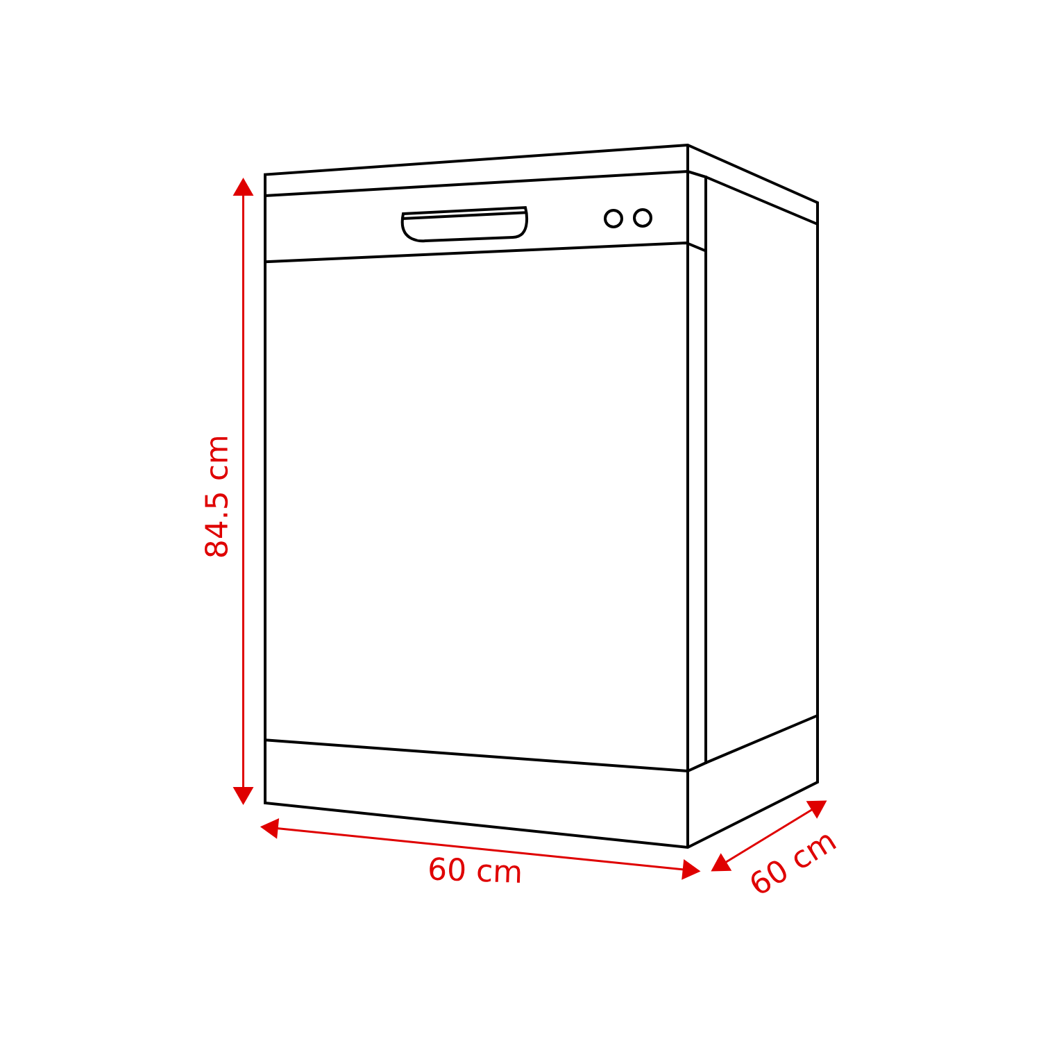 Dessin au trait d'un lave-vaisselle avec dimensions. Il mesure 84,5 cm de haut et 60 cm de large et de profondeur. Il a une poignée et deux cercles.