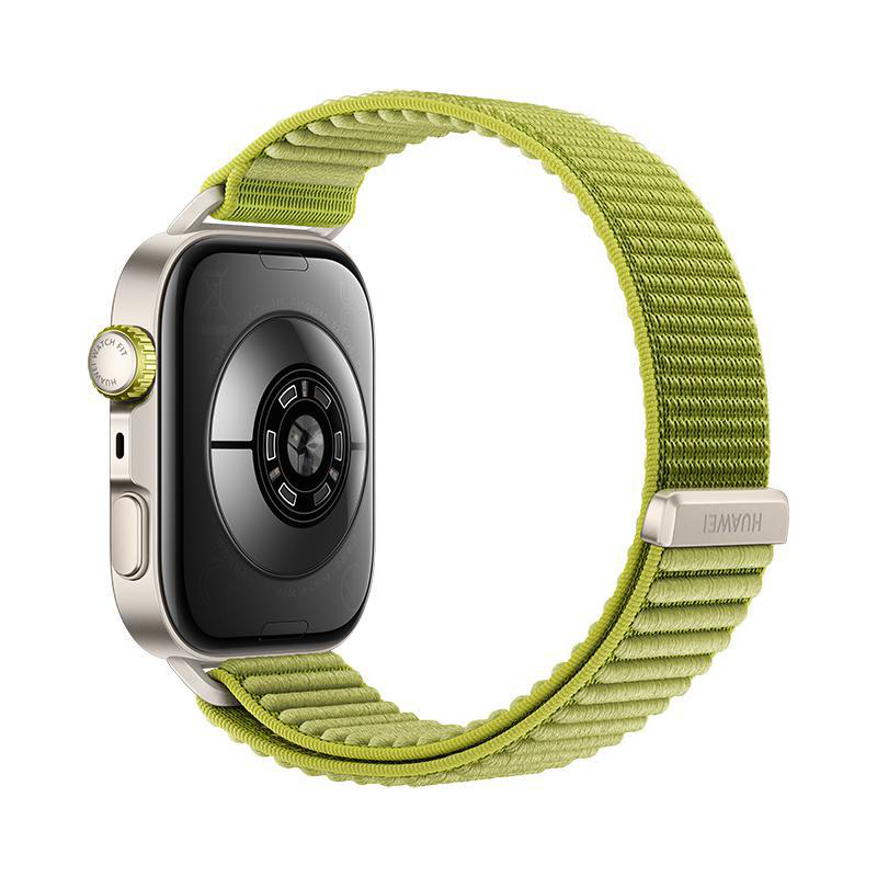 Eine Smartwatch mit hellgrünem Armband. Das Zifferblatt ist schwarz mit silbernem Rahmen. Das Armband hat einen silbernen Verschluss.