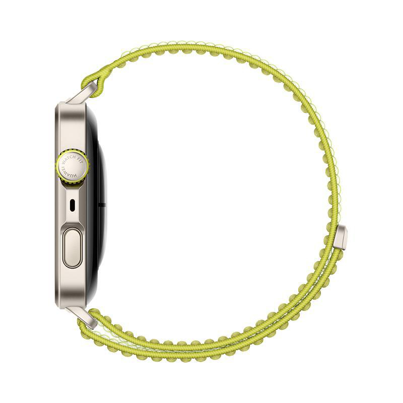 Seitenansicht einer Smartwatch mit hellgrünem Armband. Die Uhr ist silber mit schwarzem Bildschirm, das Armband hellgrün.