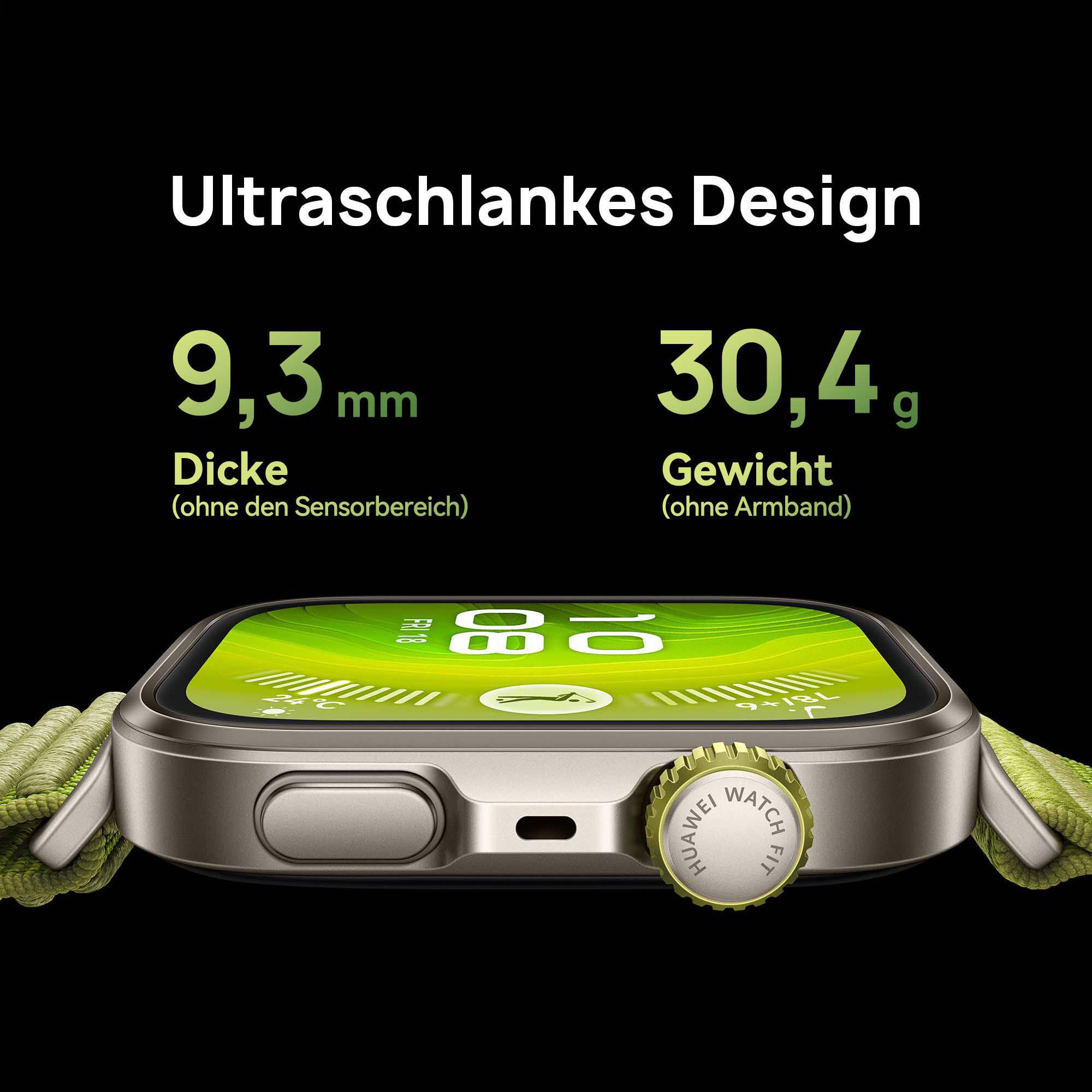 Eine Smartwatch mit grünem Display, das Zeit und Temperatur anzeigt. Die Uhr ist silberfarben mit grünem Armband. Text: Ultraschlankes Design.