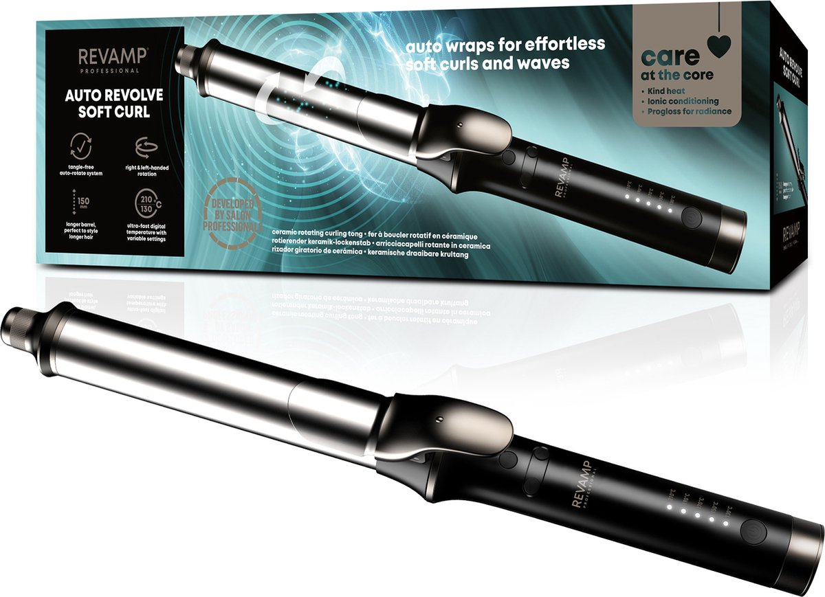 Lokówka Revamp Auto Revolve Soft Curl. Na pudełku widnieje produkt z tekstem. Prostownica jest czarna i srebrna.