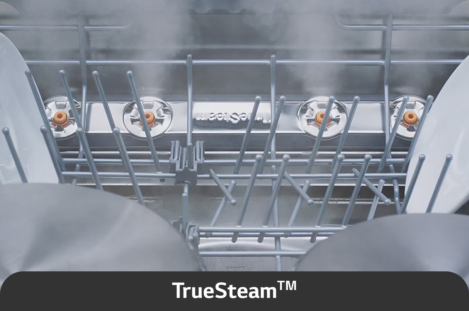 Buharla çalışan bir bulaşık makinesinin içi. Tabaklar görünür. TrueSteam logosu altta. Metal raf tabakları tutuyor.
