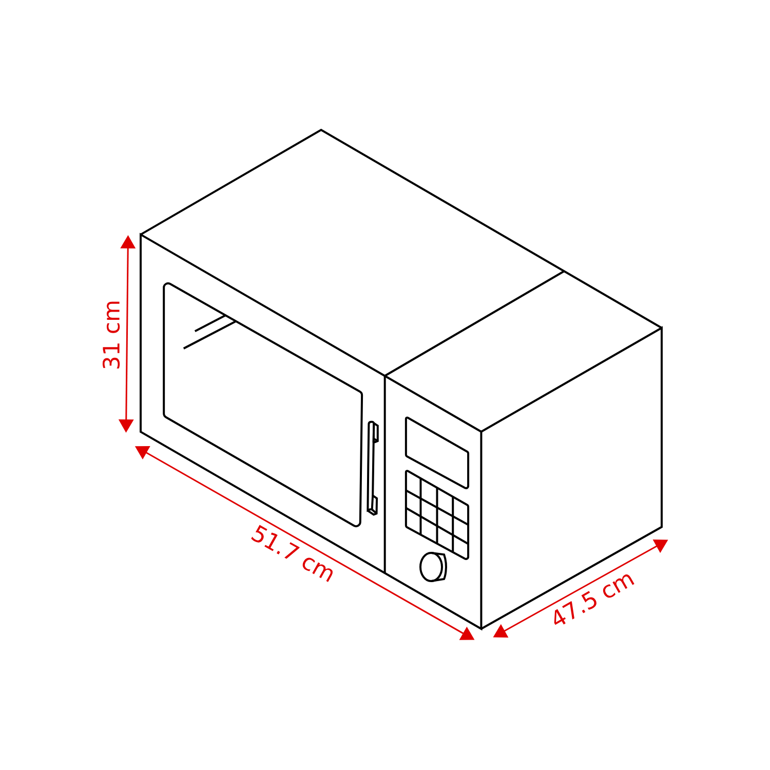Isometrische lijntekening van een magnetron met afmetingen: 31 cm hoog, 51,7 cm breed, 47,5 cm diep.