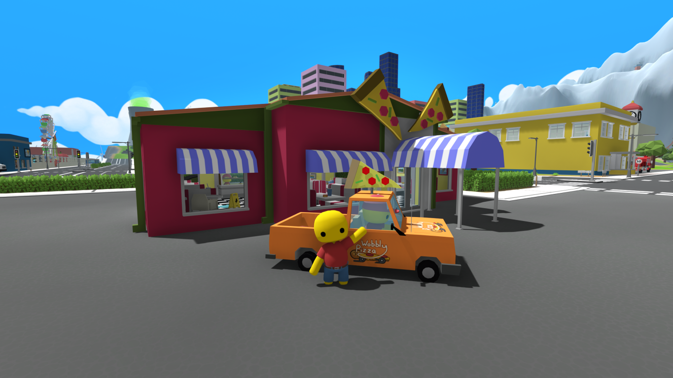 Scena z kreskówki: pomarańczowa ciężarówka z pizzą, żółta postać, czerwona pizzeria, niebieskie niebo z chmurami, inne budynki.