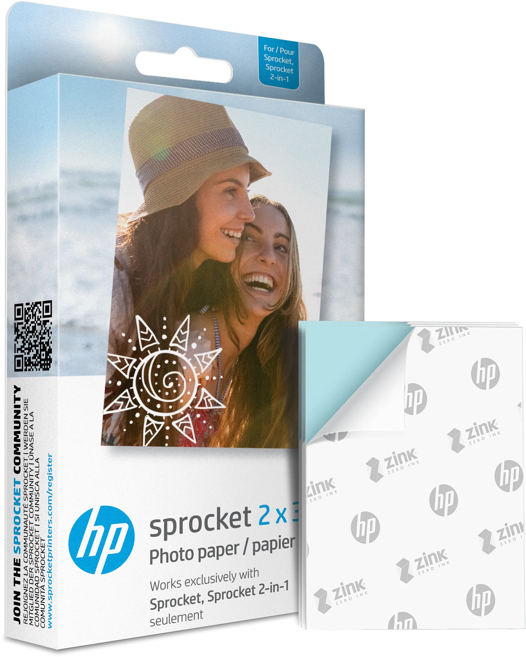 HP Sprocket fotópapír doboza. Két mosolygó nő a dobozon. Papírköteg Zink és HP logókkal.