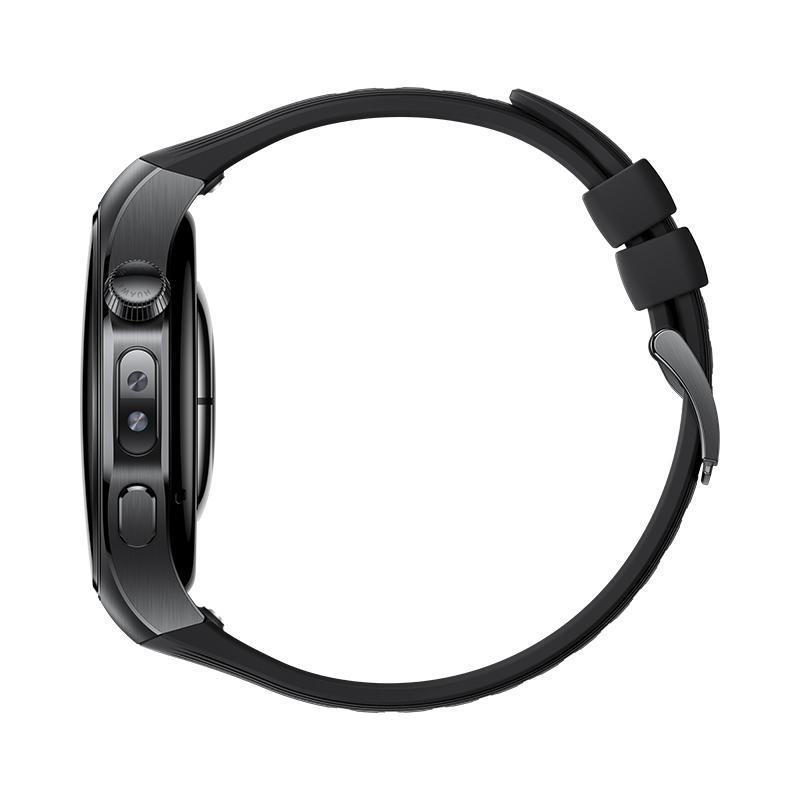 Eine schwarze Smartwatch wird von der Seite gezeigt. Sie hat ein rundes Zifferblatt, ein schwarzes Armband und silberne Details. Der Hintergrund ist weiß.