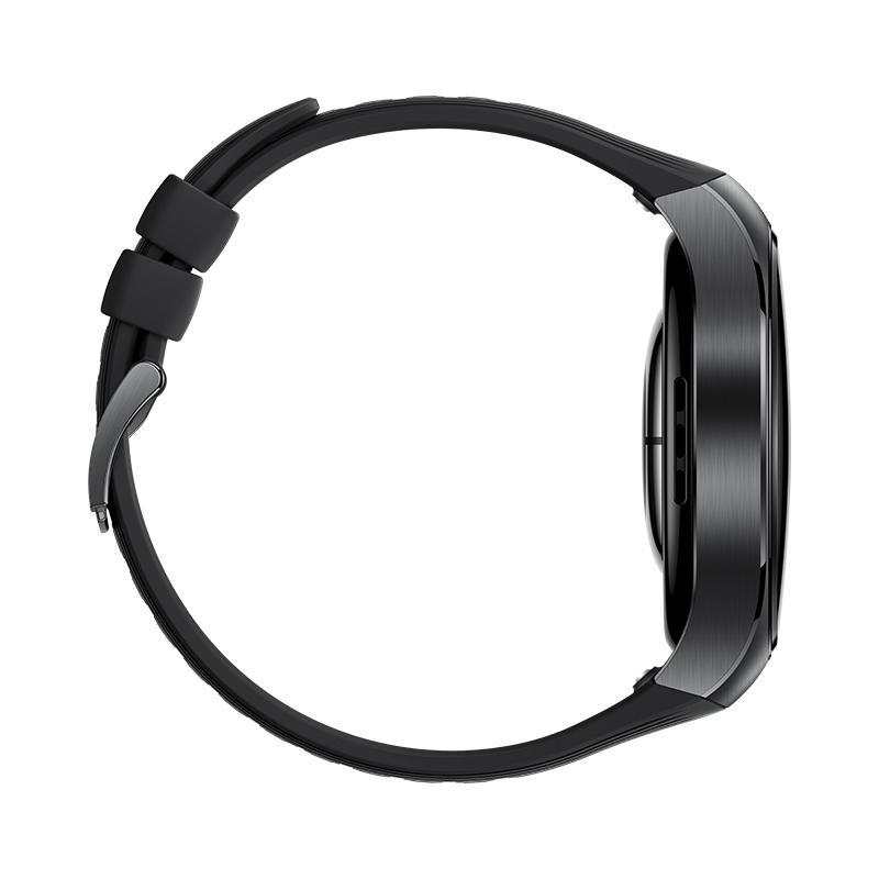 Schwarze Smartwatch, Seitenansicht. Mit schwarzem Armband, Metallverschluss und rundem Zifferblatt. Die Uhr liegt auf weißem Untergrund.