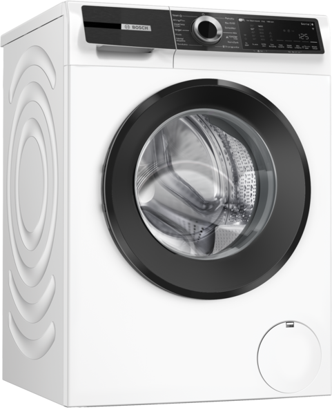 Beyaz bir Bosch çamaşır makinesi. Siyah bir kapısı ve dijital ekranlı bir kontrol paneli var. Yan tarafı kavisli bir tasarıma sahip.