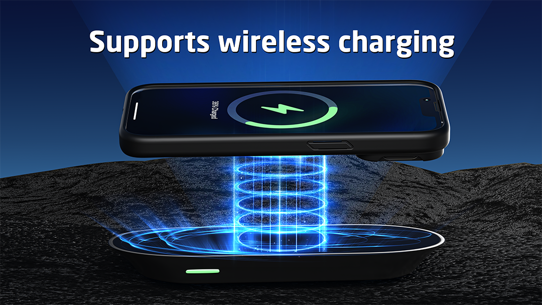 Egy telefon 36%-os töltöttséggel vezeték nélkül töltődik. Egy fekete tok veszi körül a telefont. Egy kék energiatartó emelkedik a töltőről.