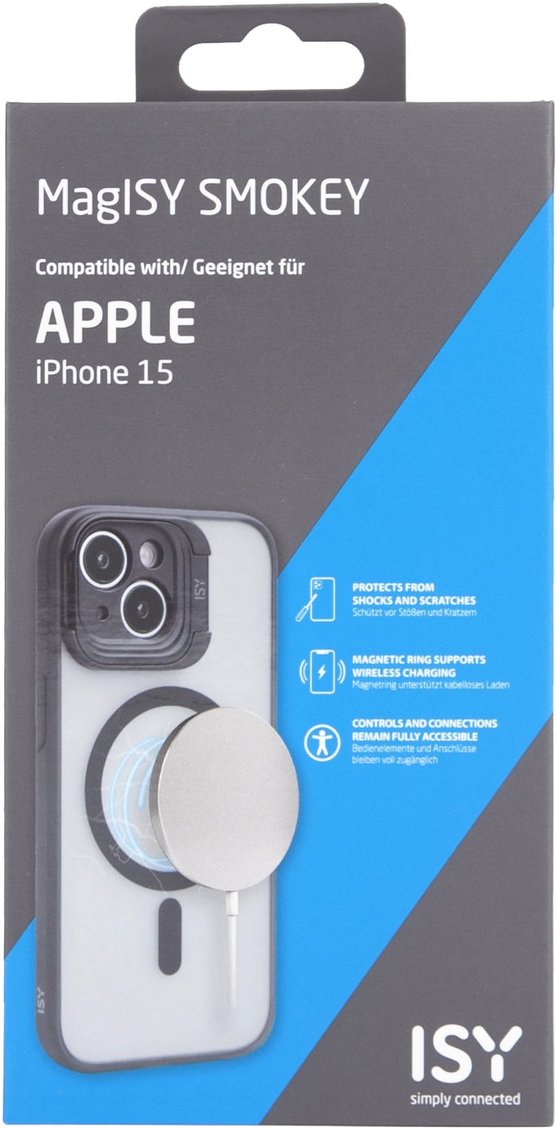 Egy iPhone 15 tok doboza. A MagISY SMOKEY márkanevet és a vezeték nélküli töltést emeli ki.