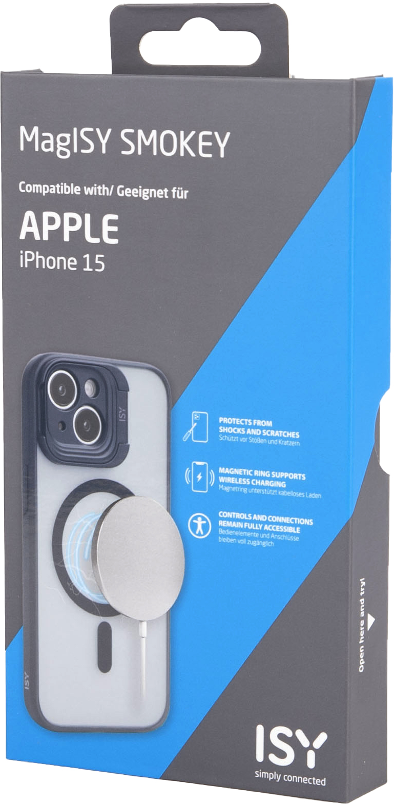 Doboz telefontokkal. A tok iPhone 15-höz való. A dobozon lévő szöveg: MagISY SMOKEY, APPLE. A tokon ezüst mágnesgyűrű van.