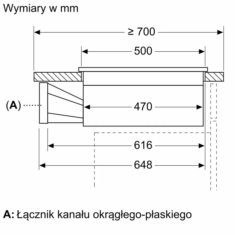 Schemat wymiarów w mm prostokątnego obiektu. Zawiera wymiary takie jak 700, 500, 470, 616 i 648.