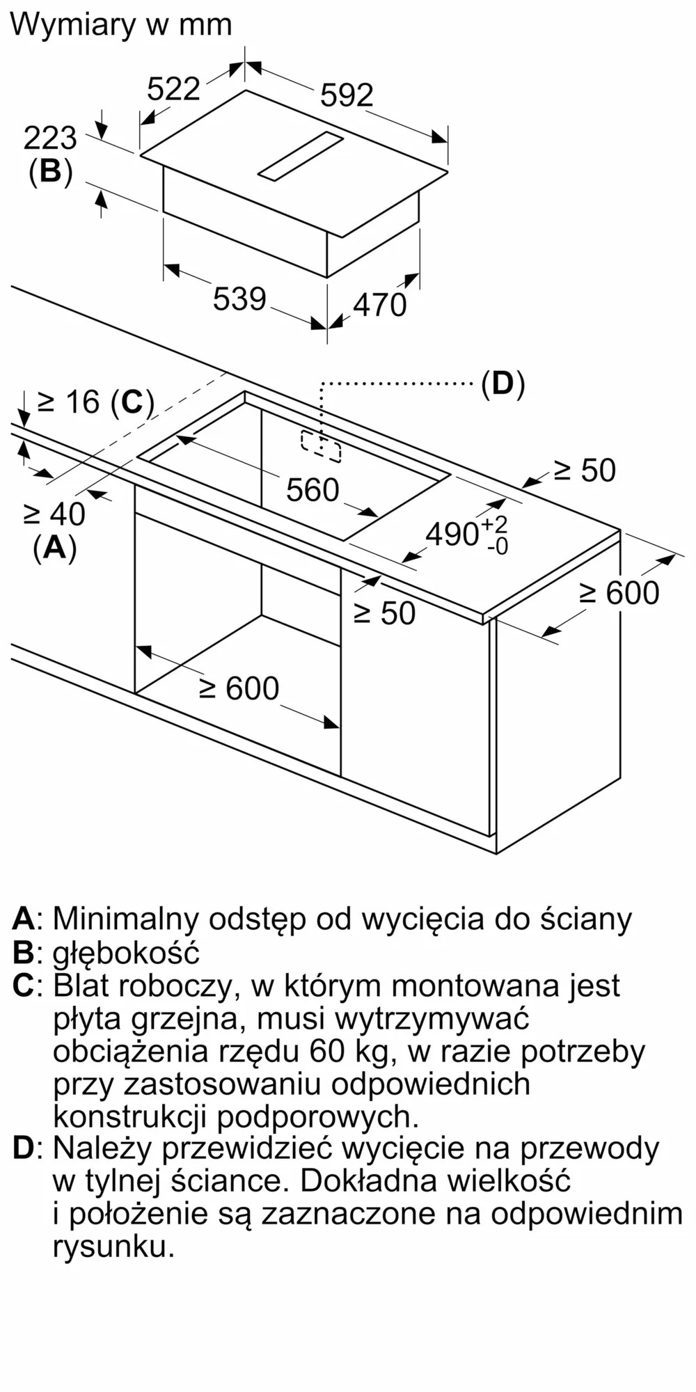 Schemat wymiarów do instalacji płyty grzewczej. Zawiera wymiary w milimetrach szerokości, głębokości i otworów.