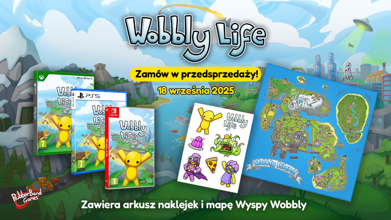 Reklama gry Wobbly Life z pudełkami z grami, naklejkami, mapą i tekstem po polsku. Zawiera ilustracje postaci i krajobraz miejski.