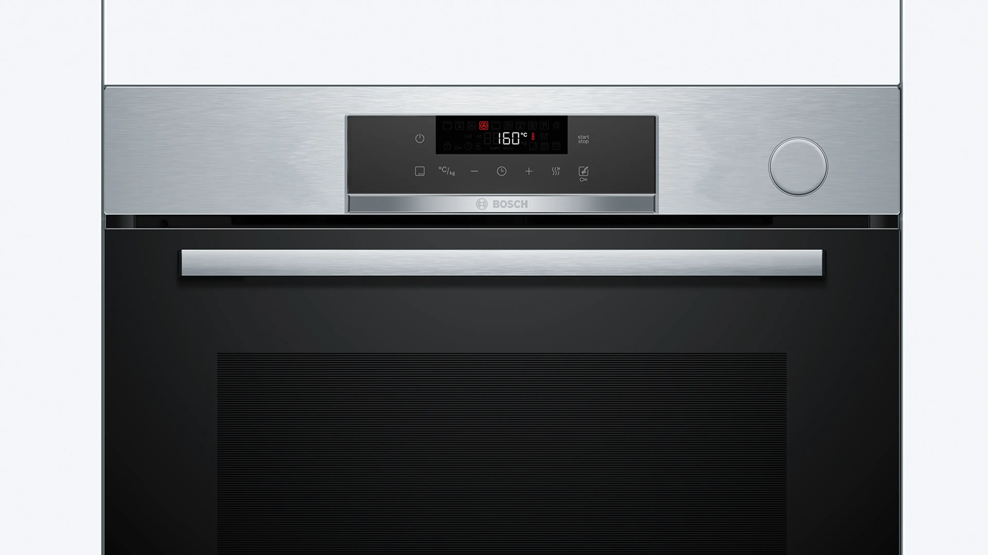 Horno de acero inoxidable con puerta negra. La pantalla digital muestra 160 grados Celsius. Visible el logo Bosch.