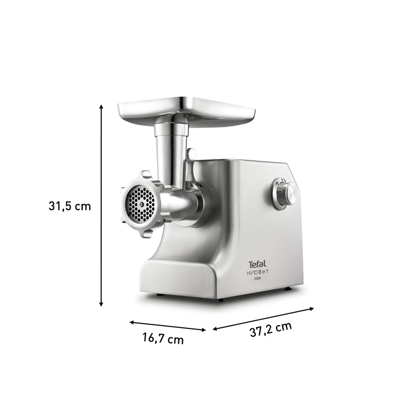 Egy rozsdamentes acél Tefal HV10 8 az 1-ben húsdaráló. Méretek: 31,5 cm magas, 16,7 cm széles és 37,2 cm hosszú.