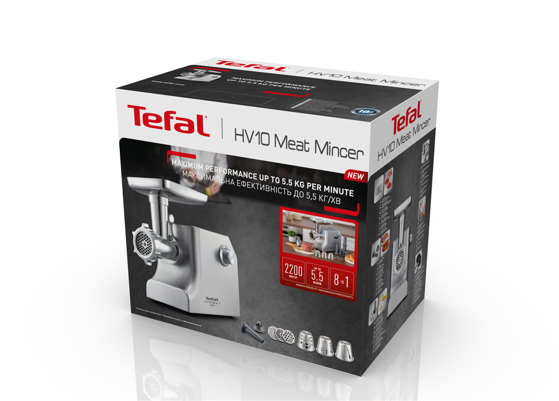 Egy Tefal HV10 húsdaráló doboza. Bemutatja a terméket és annak jellemzőit, beleértve a teljesítményt és a tartozékokat.