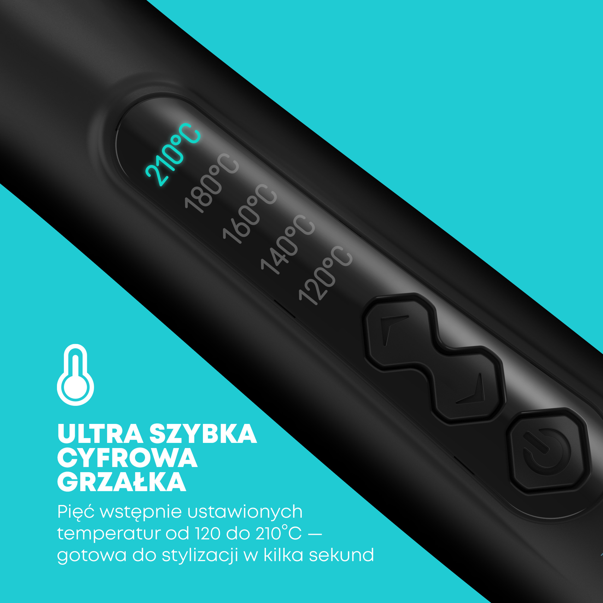 Czarne narzędzie do stylizacji włosów z ustawieniami temperatury od 120°C do 210°C. Widoczne przyciski i przycisk zasilania.