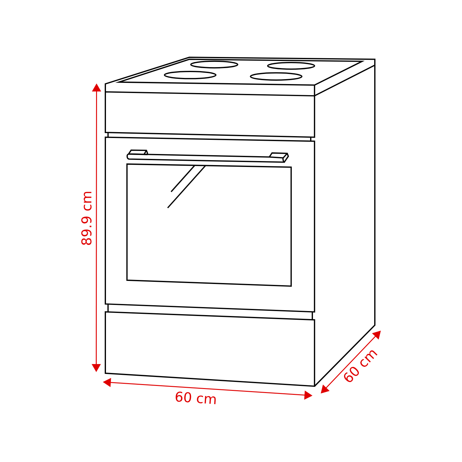 Un dessin schématique d'une cuisinière avec des dimensions. La cuisinière a une table de cuisson avec quatre brûleurs, un four et un tiroir.
