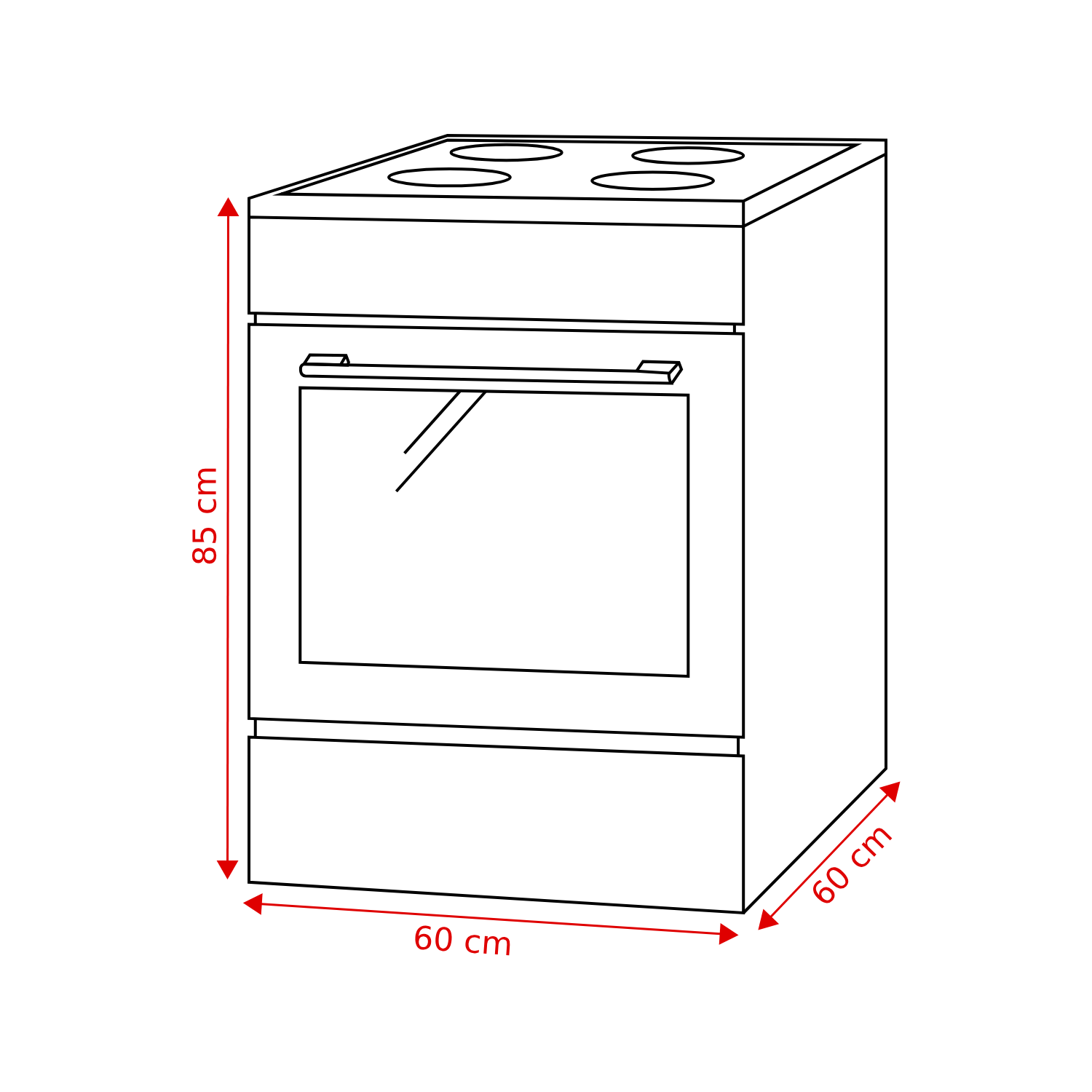 A black and white line drawing of a stove. The stove has a cooktop with four burners, oven, and dimensions of 60x60x85 cm.