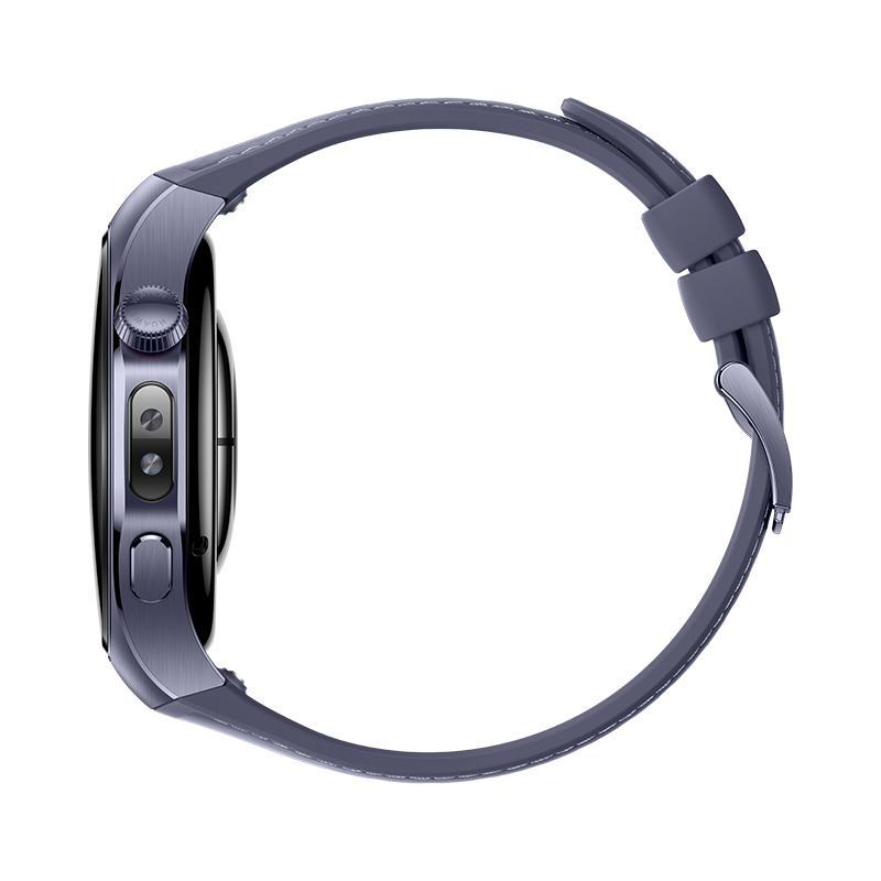 Seitenansicht einer Smartwatch mit dunkelgrauem Armband und Gehäuse. Die Uhr befindet sich auf weißem Hintergrund.