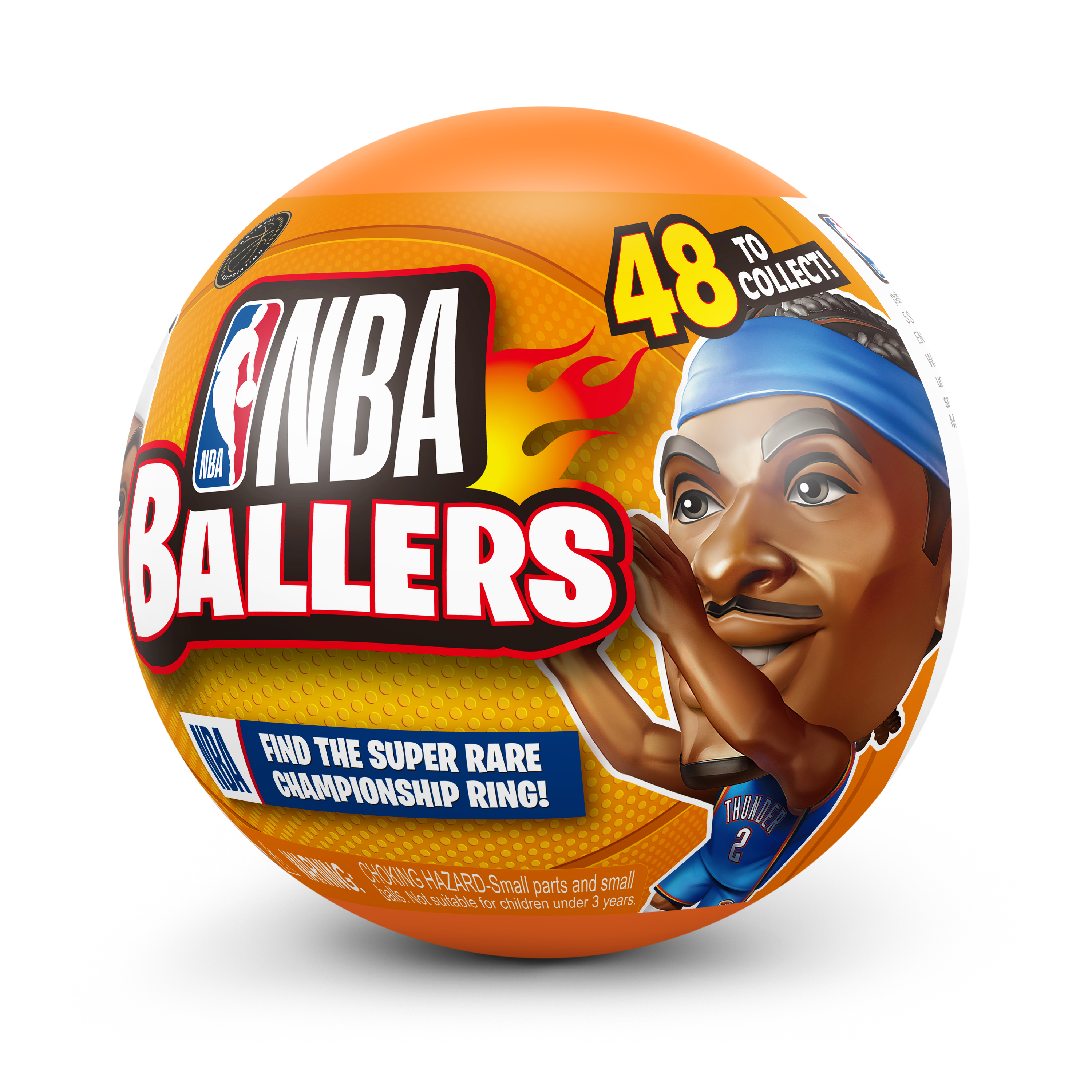 Ein orangefarbenes NBA Ballers-Spielzeug. Es zeigt ein Spielerbild und die Worte 'NBA BALLERS' auf der Vorderseite.