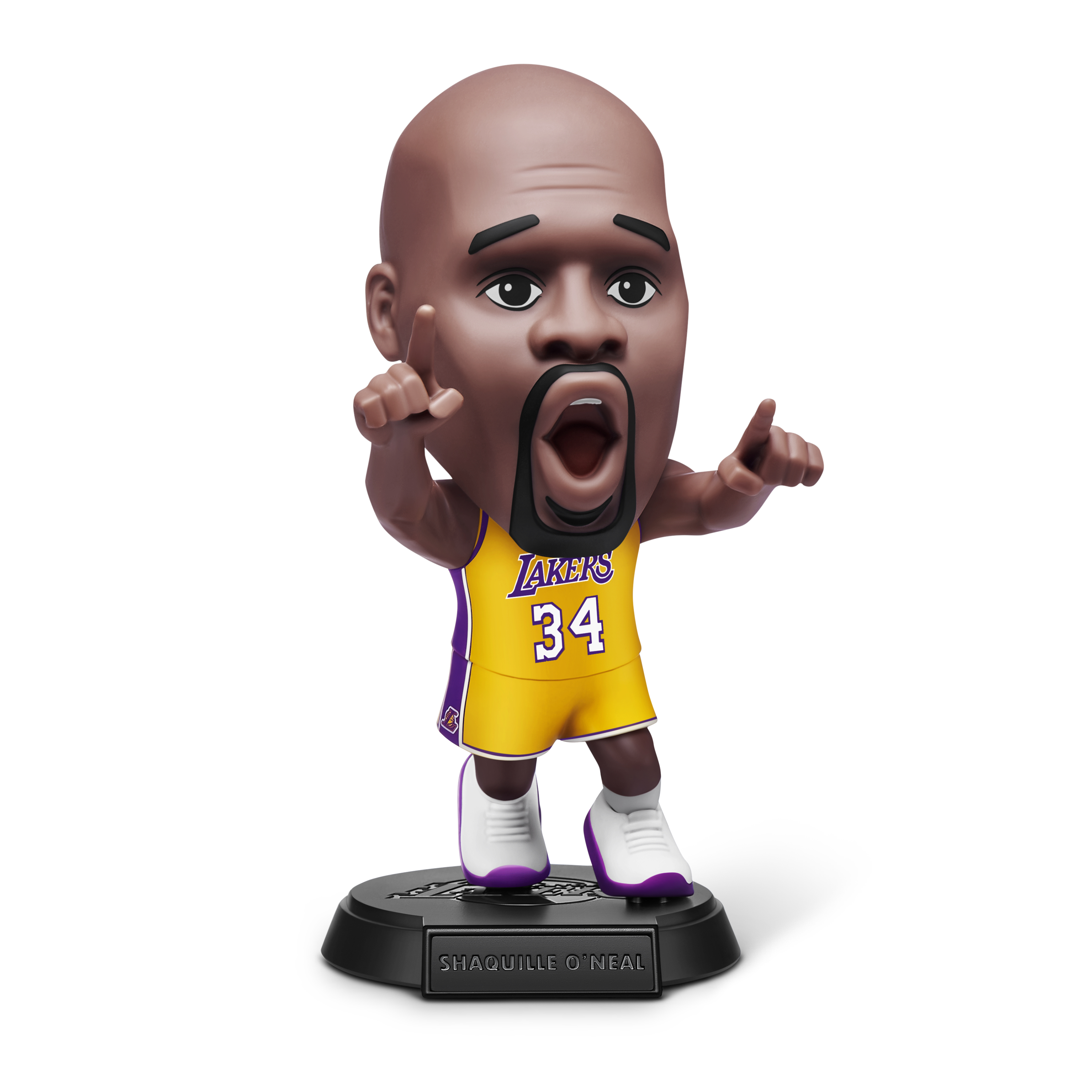 Shaquille O'Neal Wackelkopf, im Lakers-Trikot, zeigt mit beiden Händen. Schwarze Basis mit Namen.