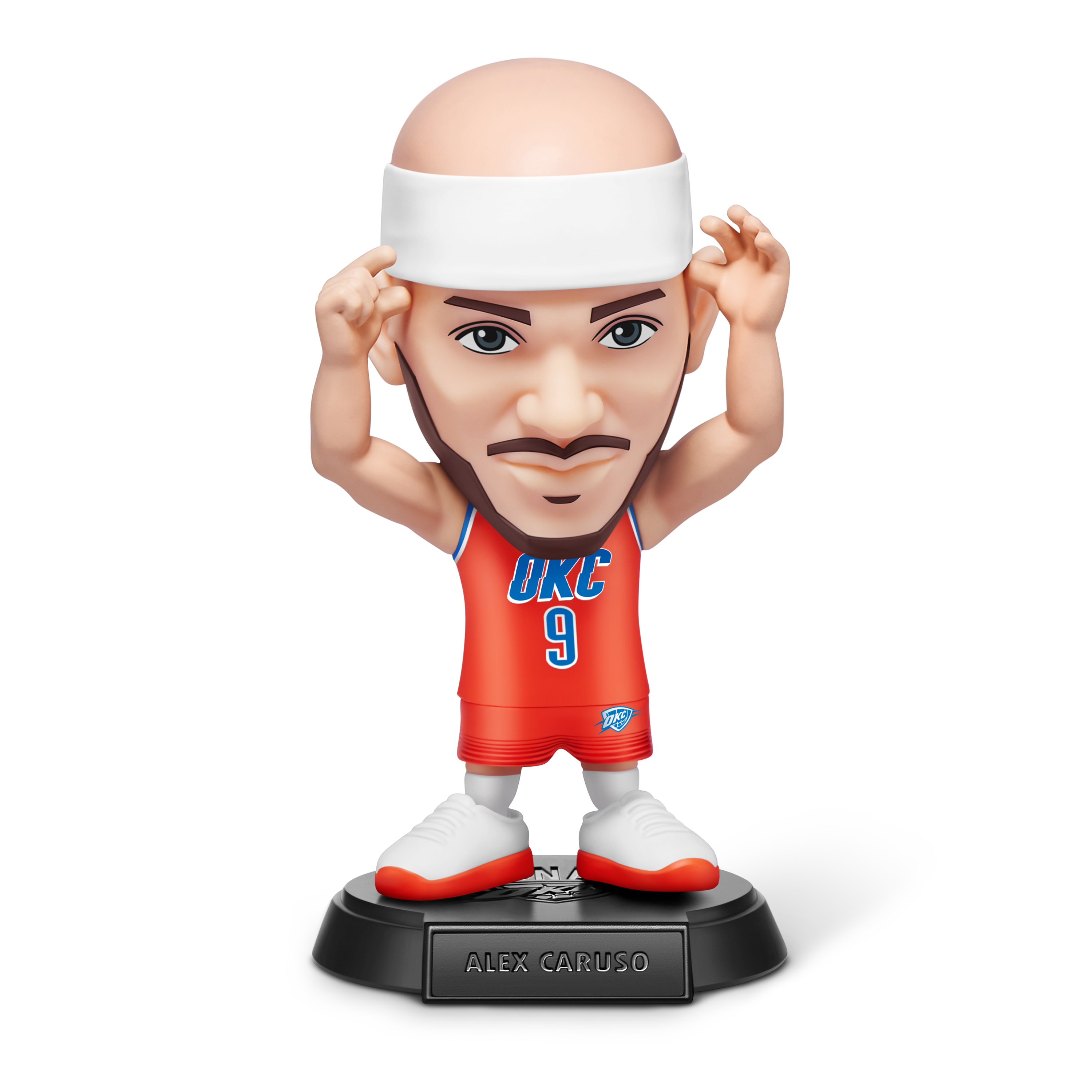 Wackelkopf von Alex Caruso in einem OKC Thunder Trikot. Er hält sich mit beiden Händen am Kopf fest. Schwarze Basis mit seinem Namen.