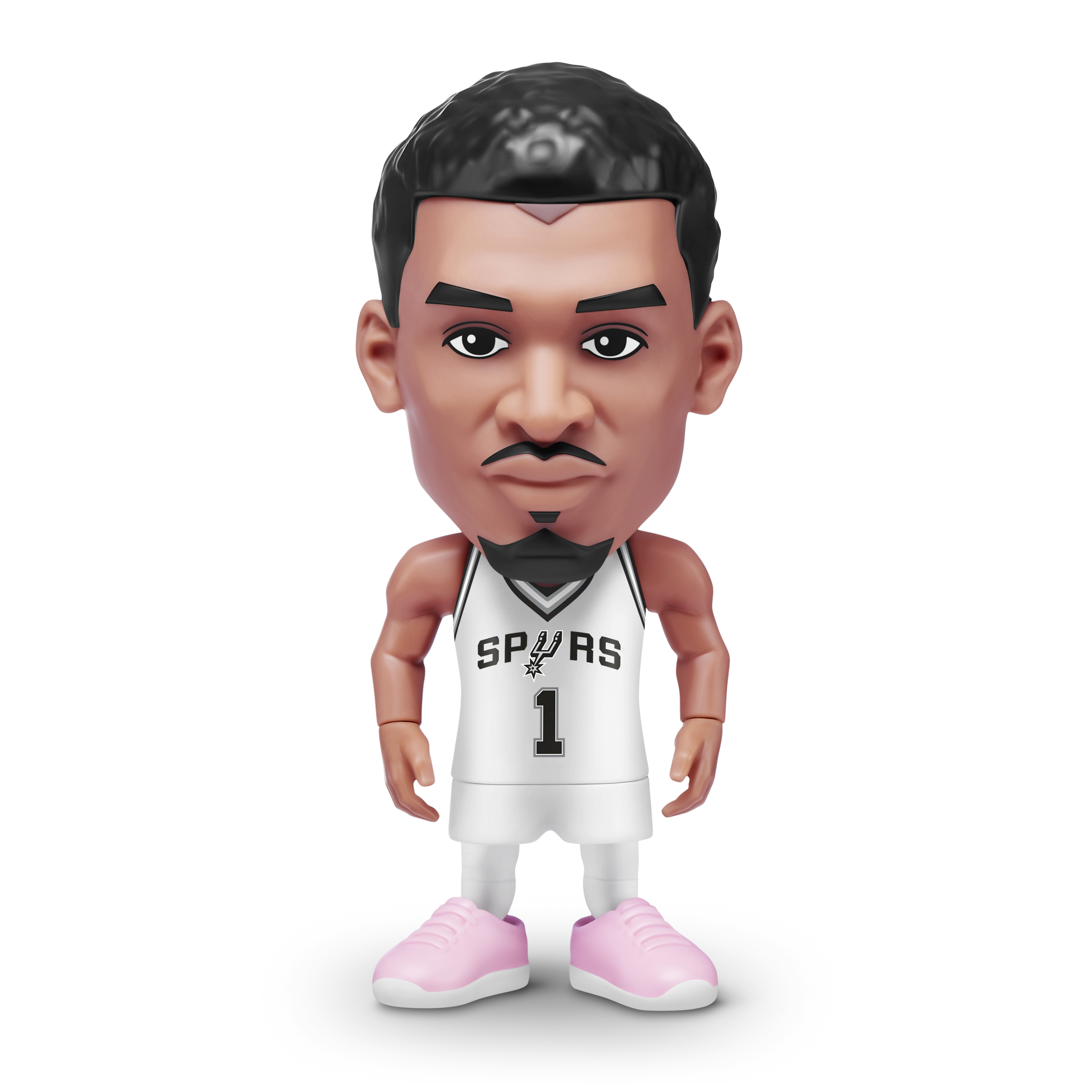 Eine Figur eines Basketballspielers, der ein Spurs-Trikot mit der Nummer 1 trägt. Er hat schwarzes Haar, einen Schnurrbart und rosa Schuhe.