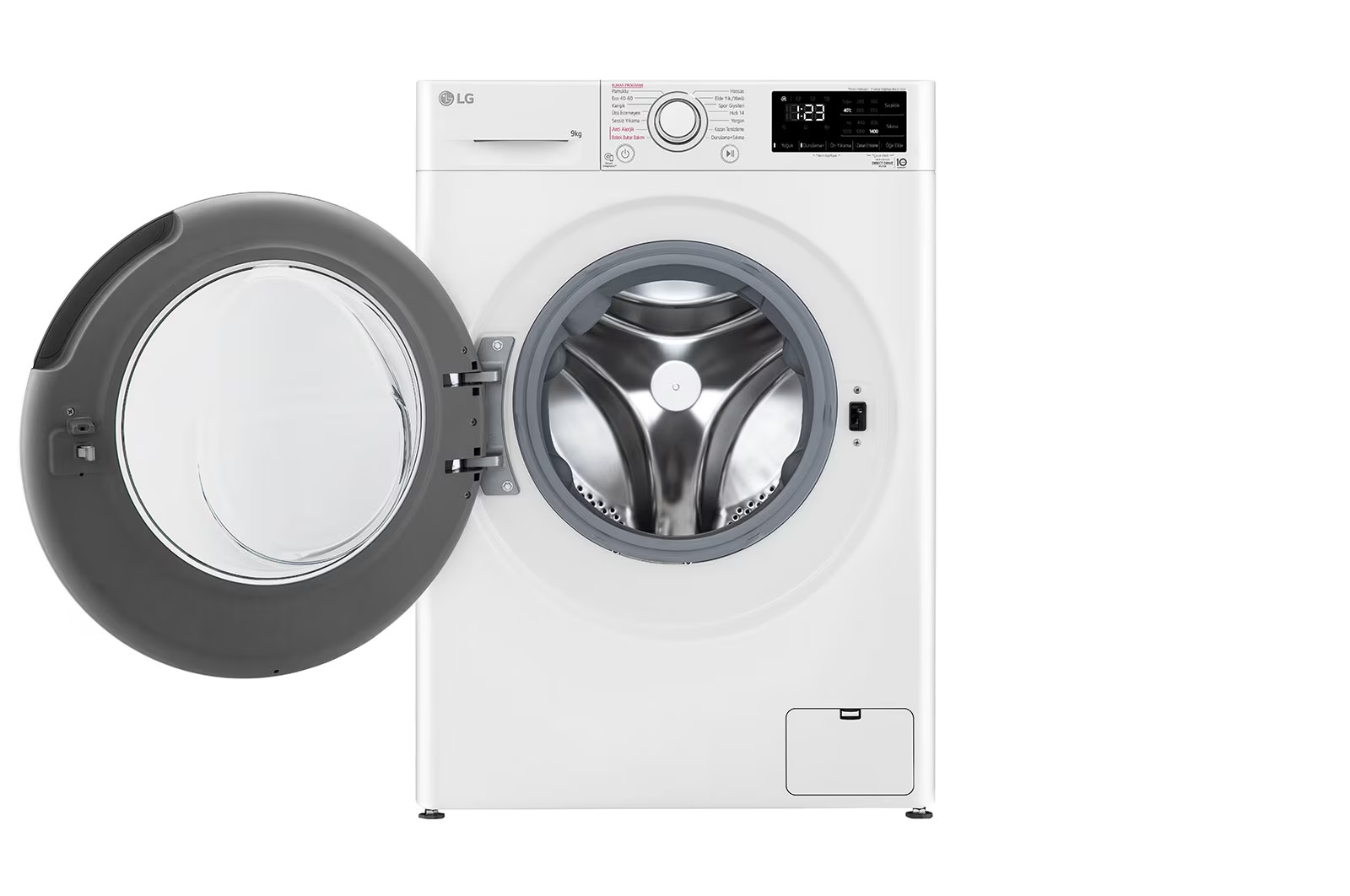 Açık gri kapılı beyaz bir LG çamaşır makinesi. Tambur görünür durumda. Kontrol paneli zamanı gösterir.