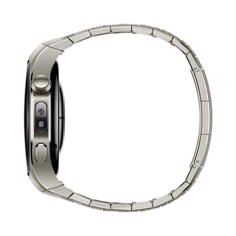 Seitenansicht einer silbernen Smartwatch mit Metallarmband. Der Bildschirm ist schwarz, und die Uhr hat Knöpfe an der Seite.