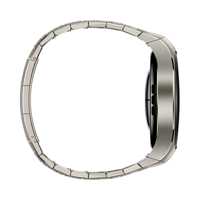 Seitenansicht einer silbernen Smartwatch mit Metallarmband. Das Zifferblatt ist schwarz, das Armband gebogen.