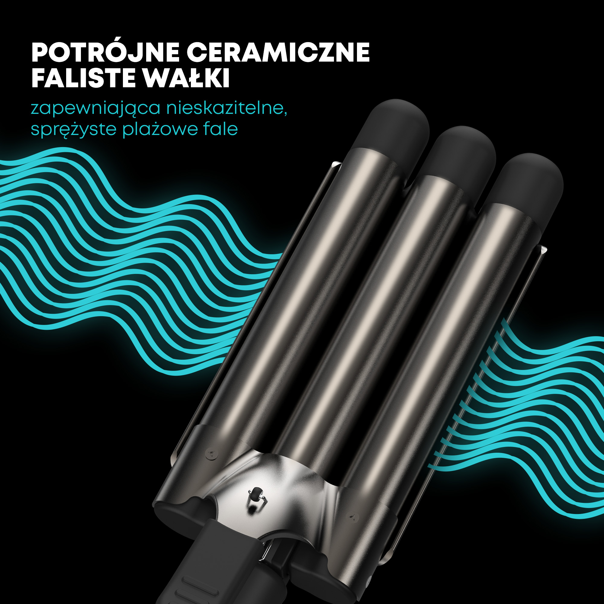 Potrójna ceramiczna lokówka na czarnym tle. Tekst po polsku na górze. Niebieskie faliste linie po lewej.