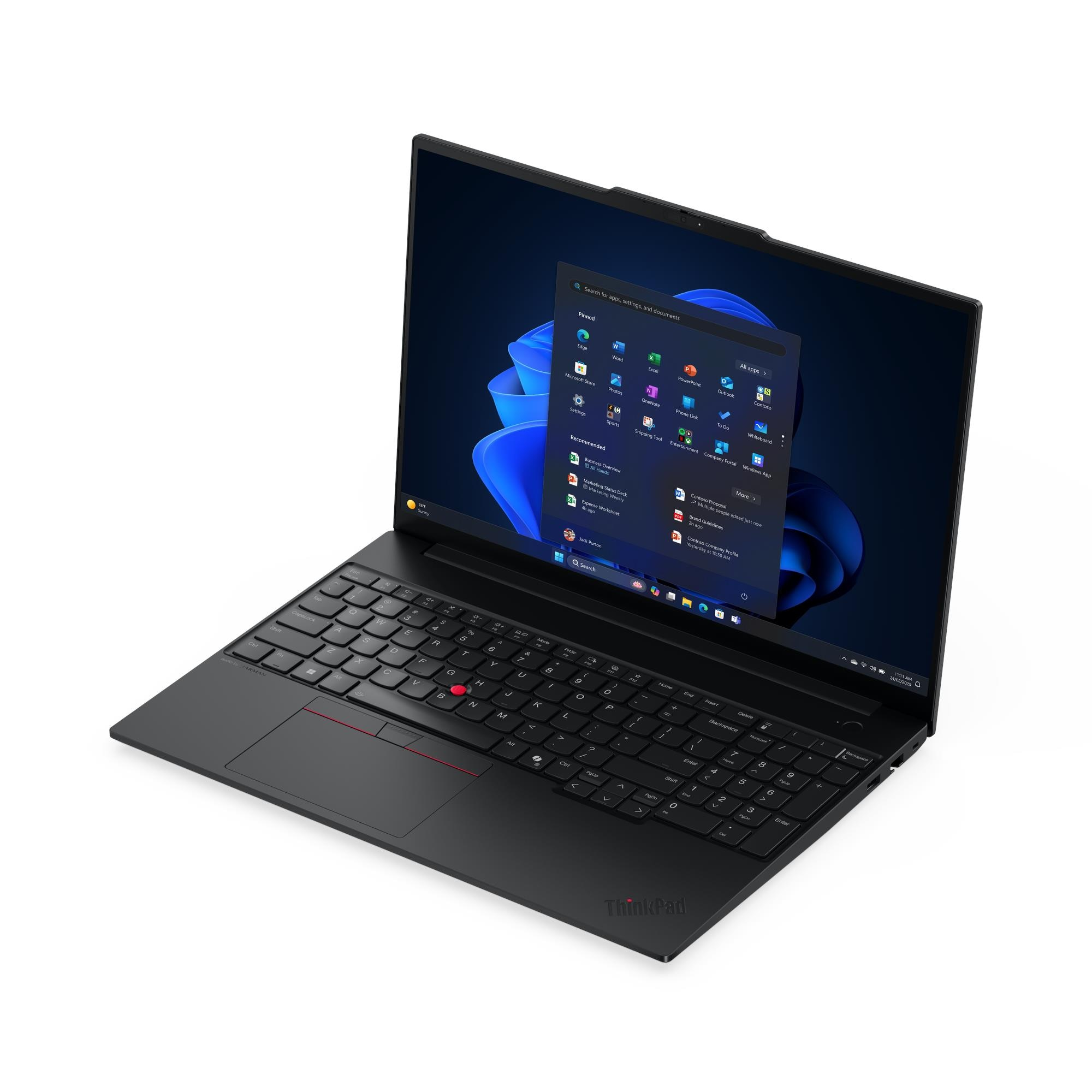 Schwarzes ThinkPad-Laptop offen, Windows-Oberfläche anzeigend. Tastatur im Vordergrund, Bildschirm mit App-Symbolen und Menüs.