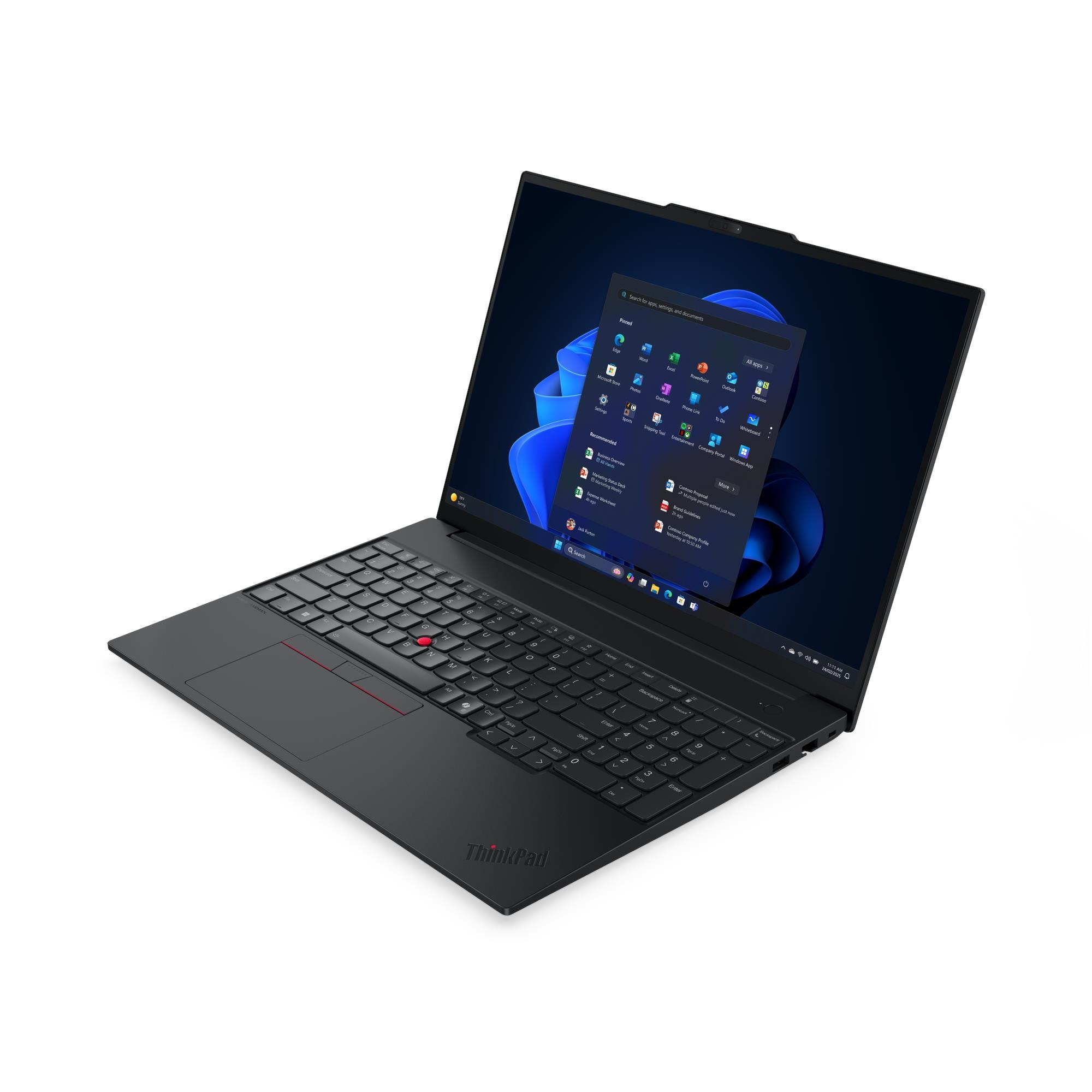 Ein schwarzes ThinkPad-Laptop ist geöffnet und zeigt das Windows 11-Startmenü. Die Tastatur ist sichtbar. Der Bildschirm zeigt Anwendungssymbole.