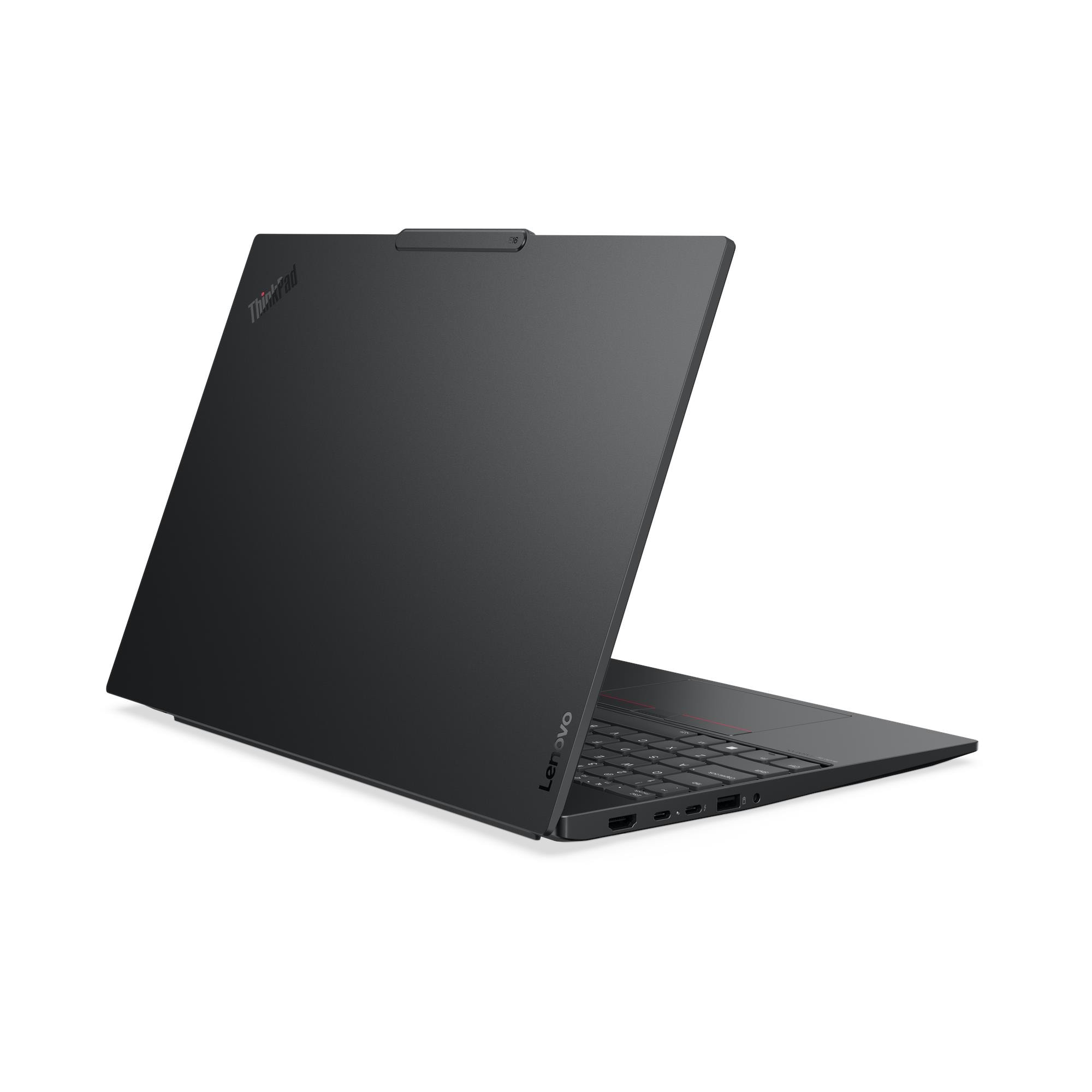 Ein schwarzes Lenovo ThinkPad-Laptop ist geöffnet. Der Bildschirm ist nach oben geneigt, Tastatur und Anschlüsse sind sichtbar.