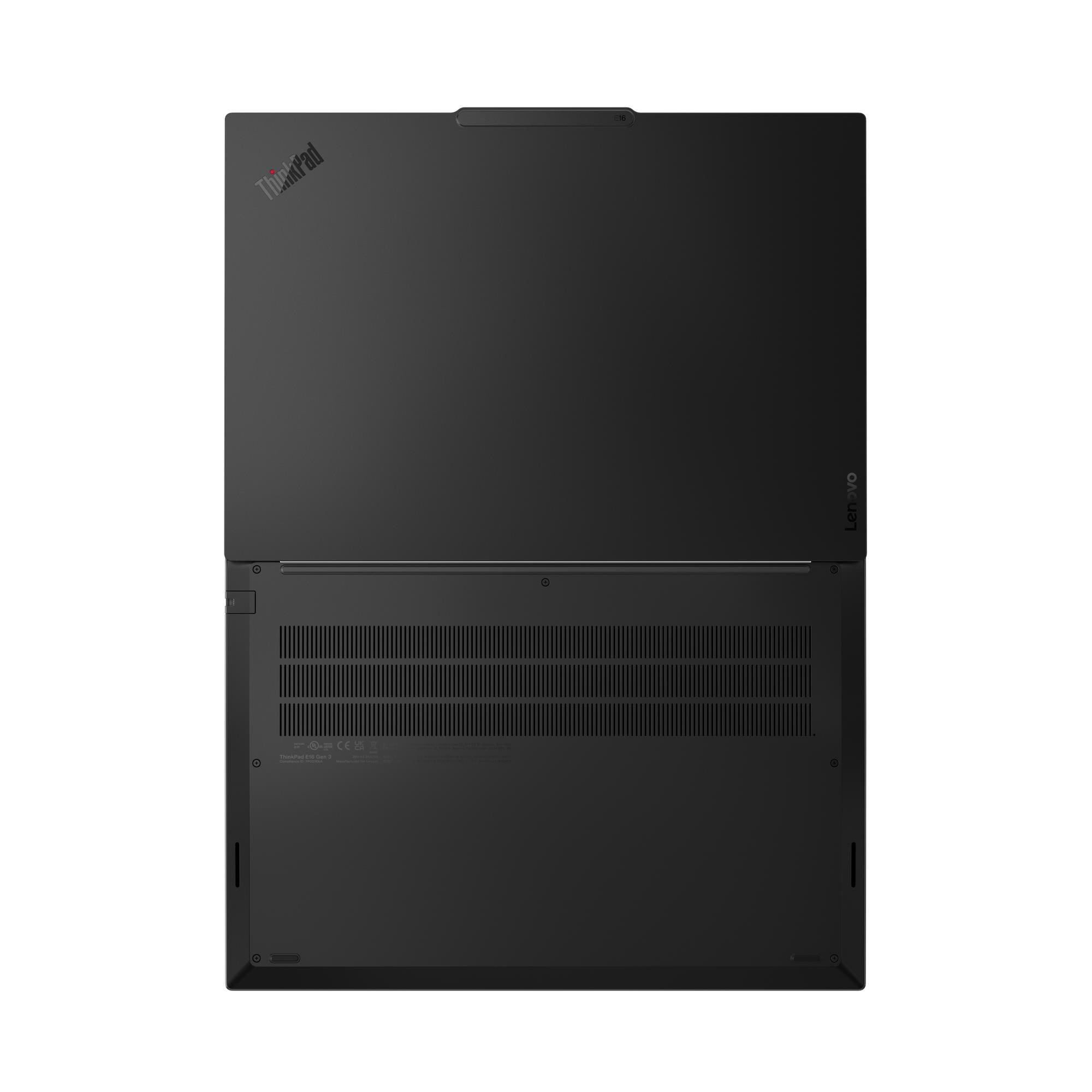 Draufsicht auf einen schwarzen Lenovo ThinkPad Laptop. Der Bildschirm ist geöffnet und zeigt die Tastatur und die Basis.