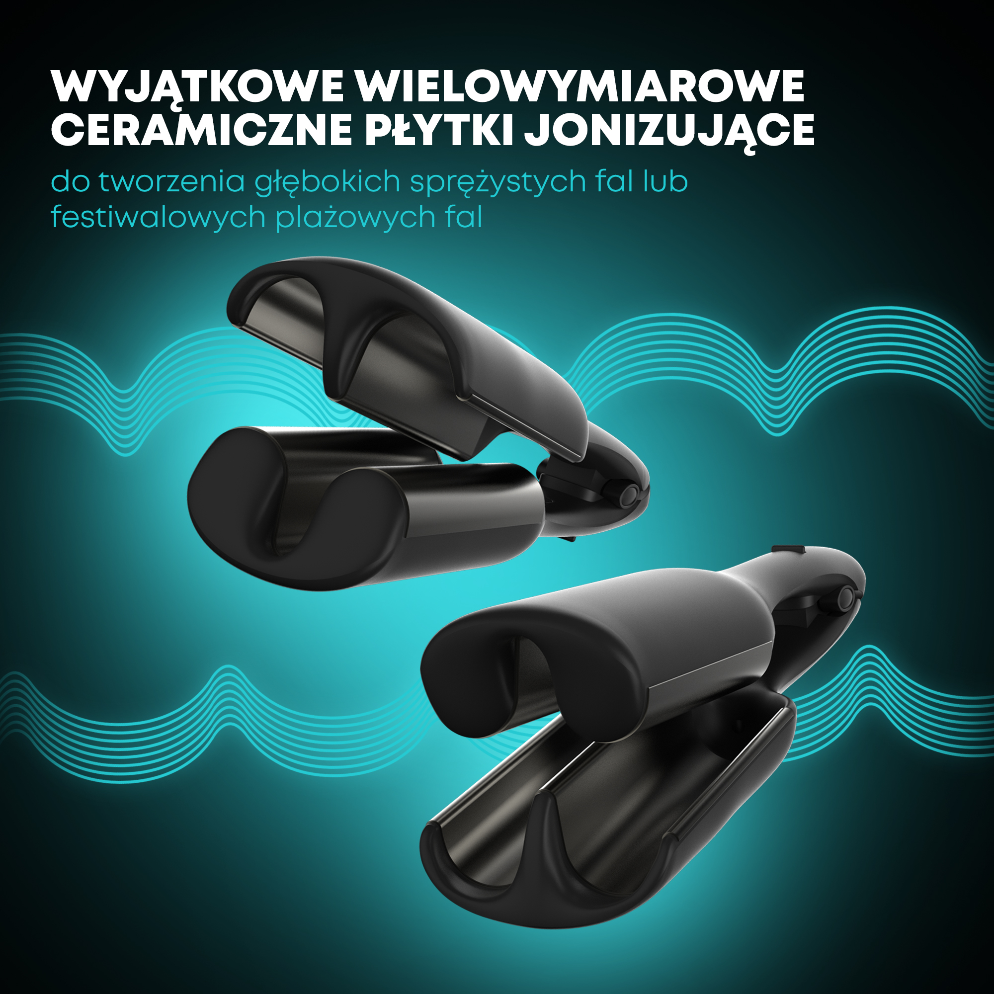 Dwa czarne narzędzia do stylizacji włosów na turkusowym tle z białym tekstem. Niebieskie faliste linie akcentują obraz.