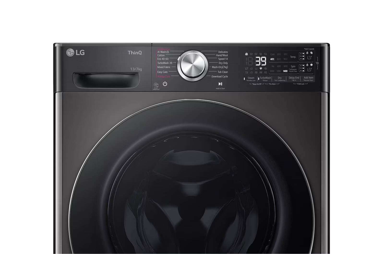 Siyah bir LG çamaşır makinesi. Dijital bir ekranı ve farklı yıkama döngüleri için düğmeleri var.