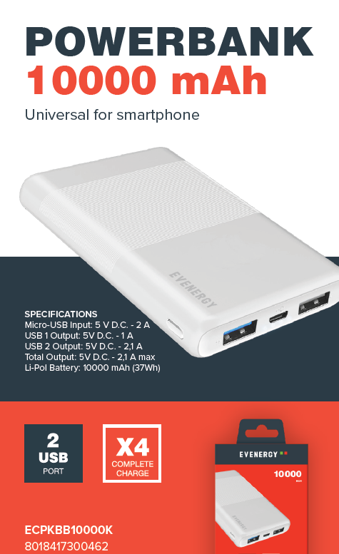 Weiße Powerbank mit schwarzem Text und 2 USB-Anschlüssen. Spezifikationen des Produkts sind aufgeführt, mit der Marke Evenrgy.