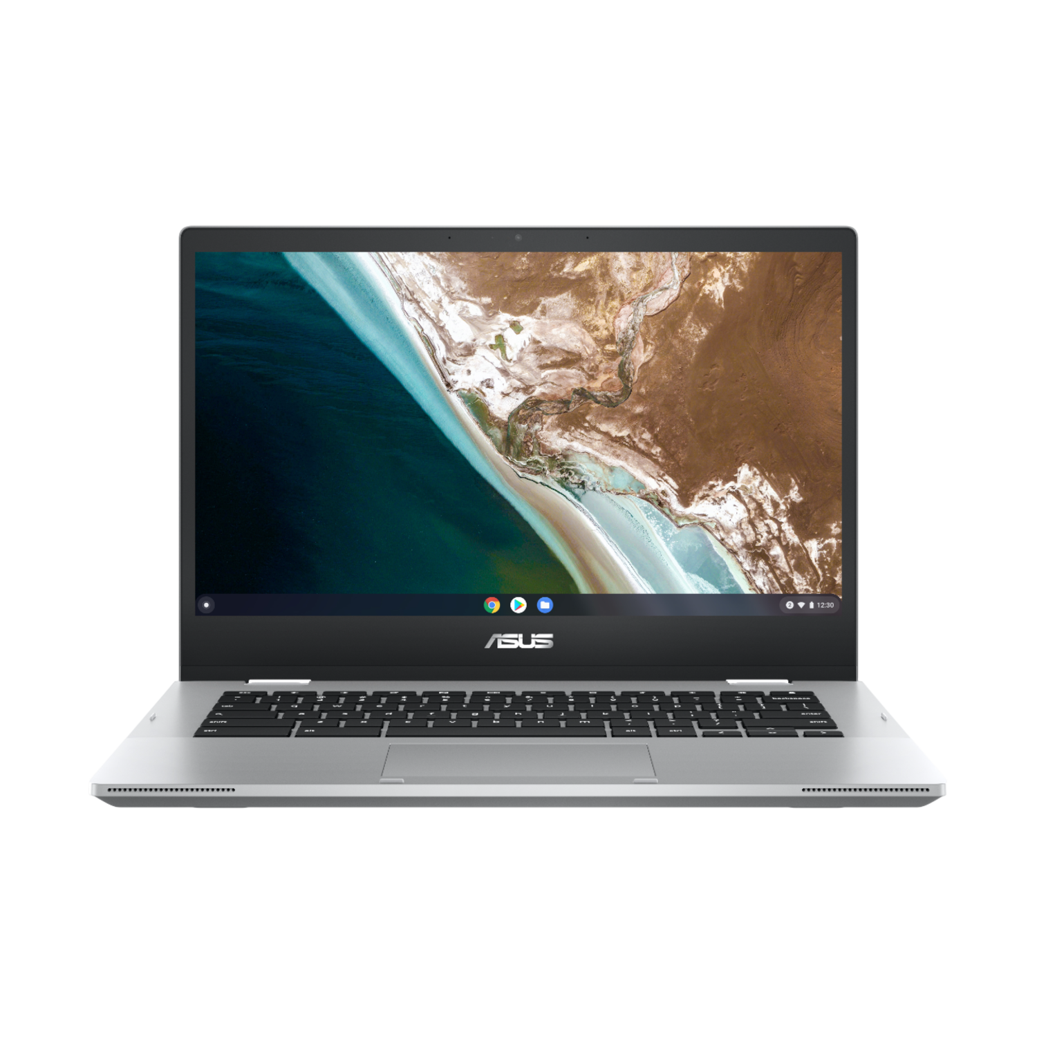 Un ordinateur portable ASUS argenté sur fond noir. L'écran affiche un paysage avec de l'eau et de la terre. Clavier visible.