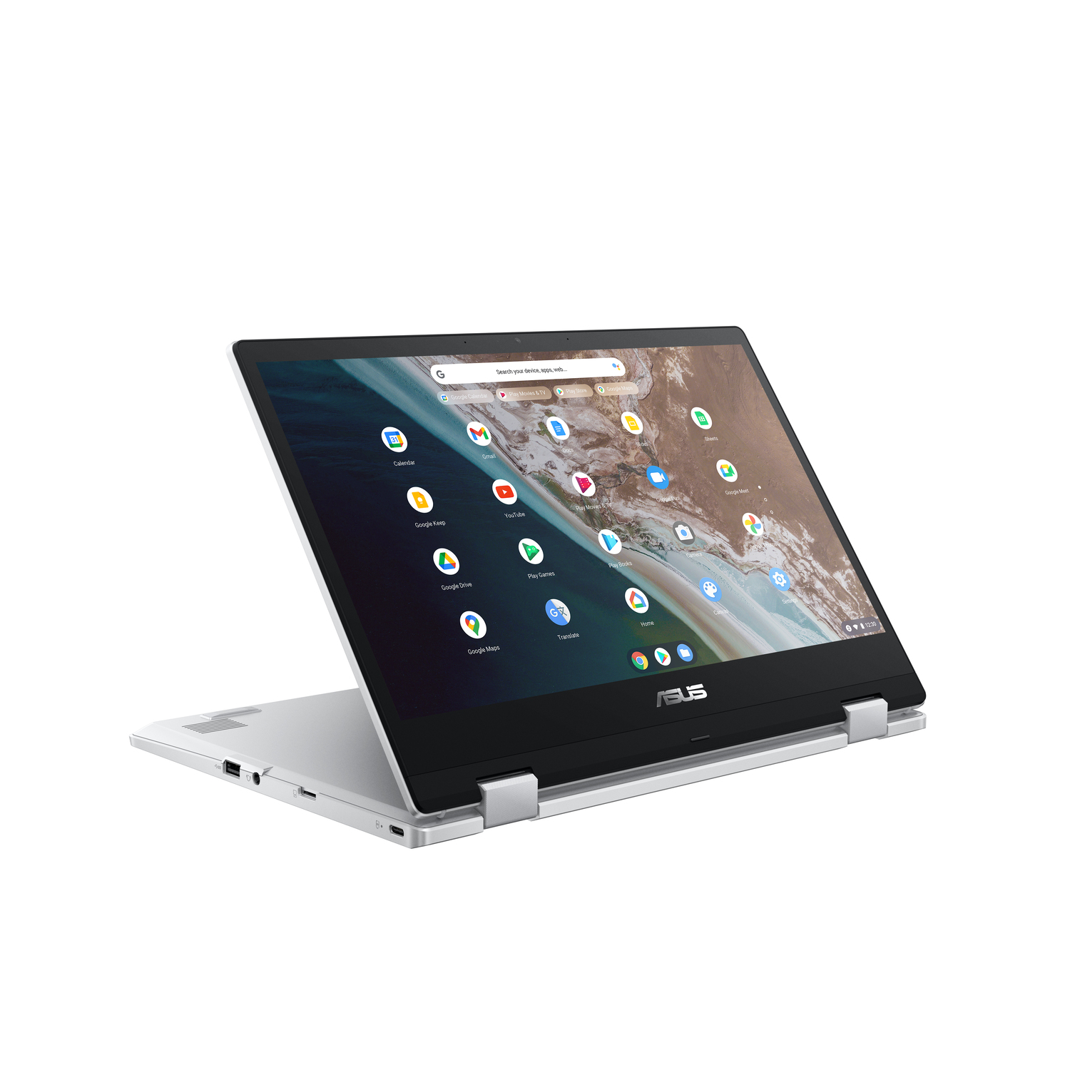 Ordinateur portable ASUS argenté ouvert sur une surface blanche. L'écran affiche des icônes d'applications. L'ordinateur est incliné, montrant le clavier et les charnières.