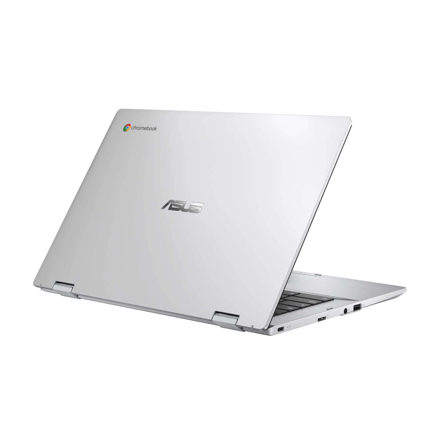Ordinateur portable ASUS Chromebook argenté, partiellement ouvert. Affiche le clavier et les ports. Logo 'Chromebook' en haut à gauche.