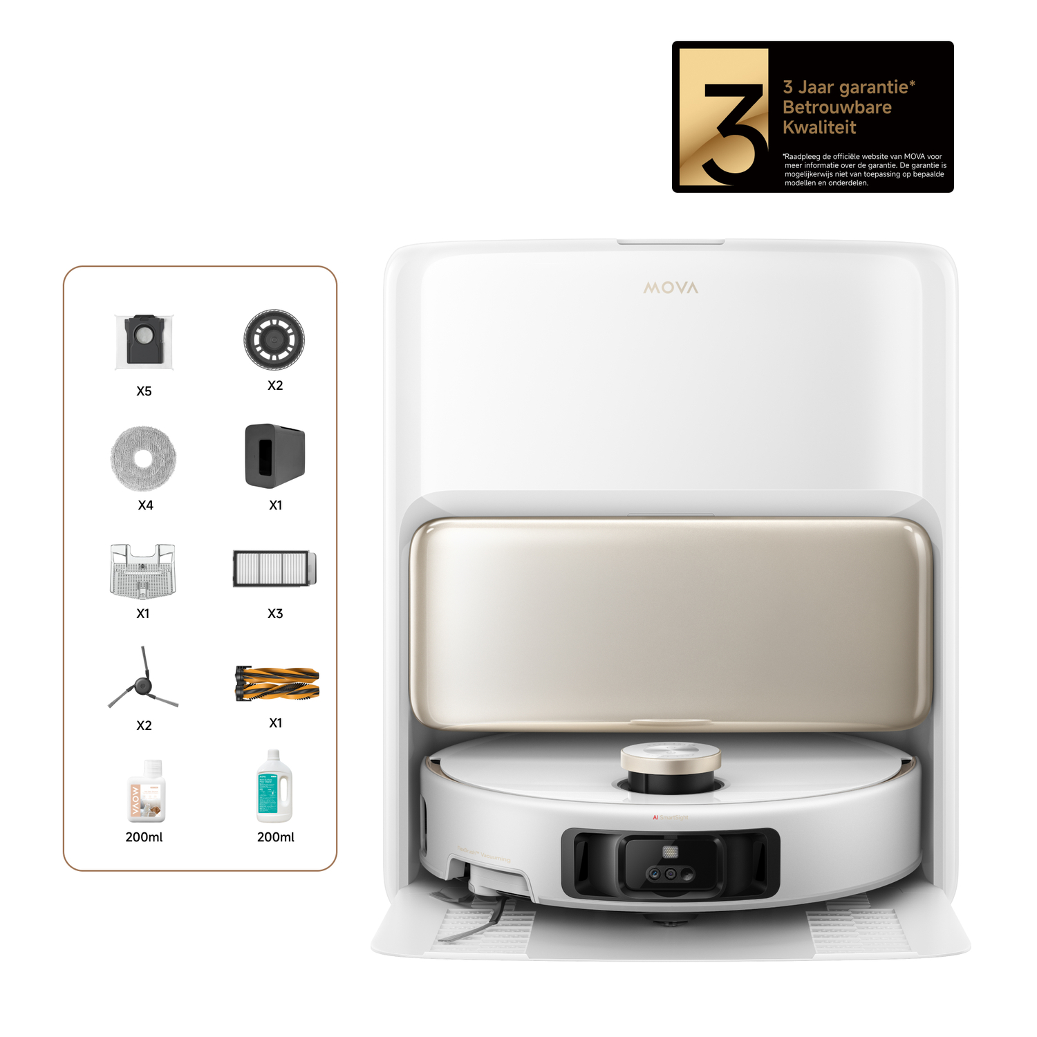 A white robot vacuum cleaner with accessories. Includes cleaning solutions, filters, and a 3-year warranty badge.