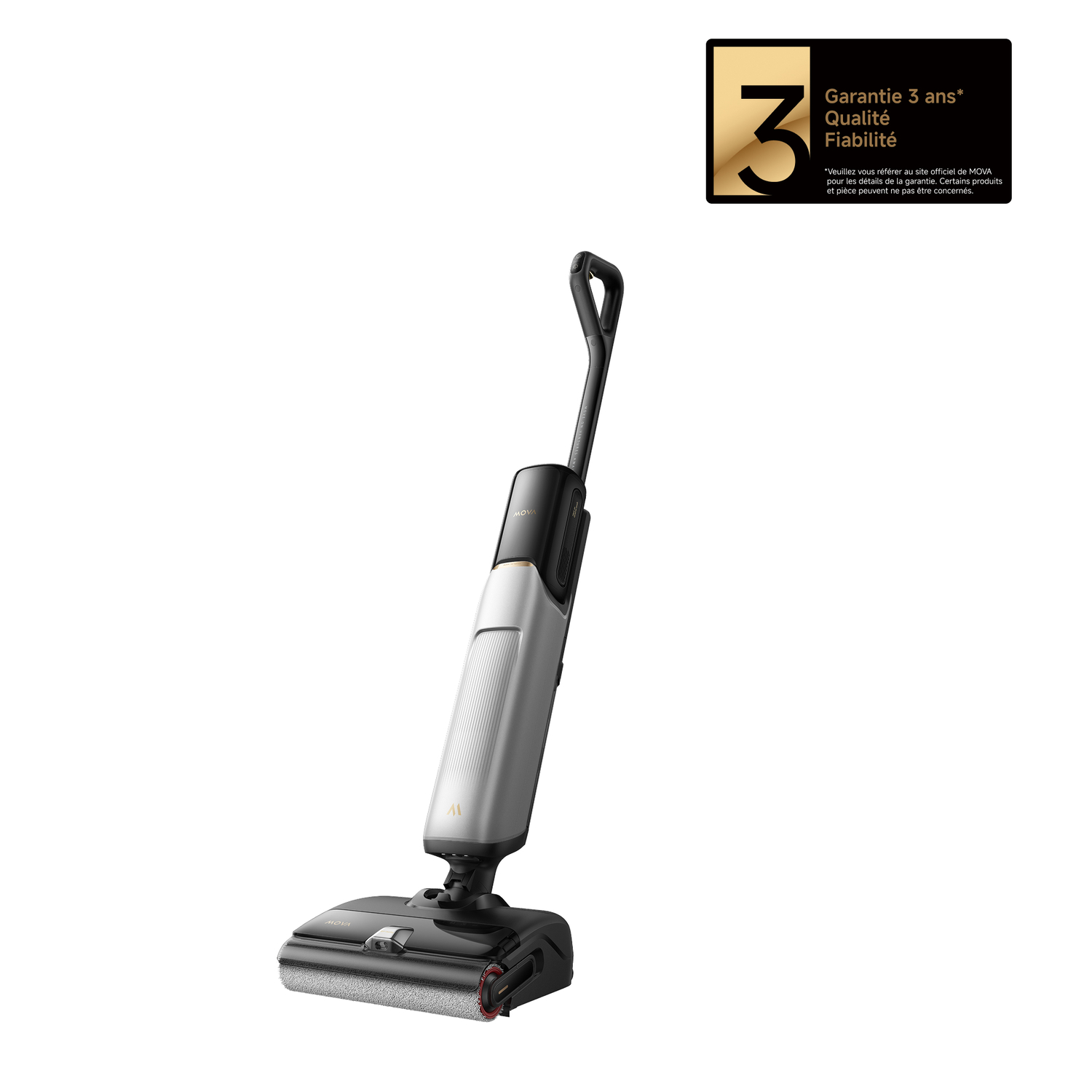 A silver and black upright vacuum cleaner on a white background. The vacuum has a handle and a cleaning head.