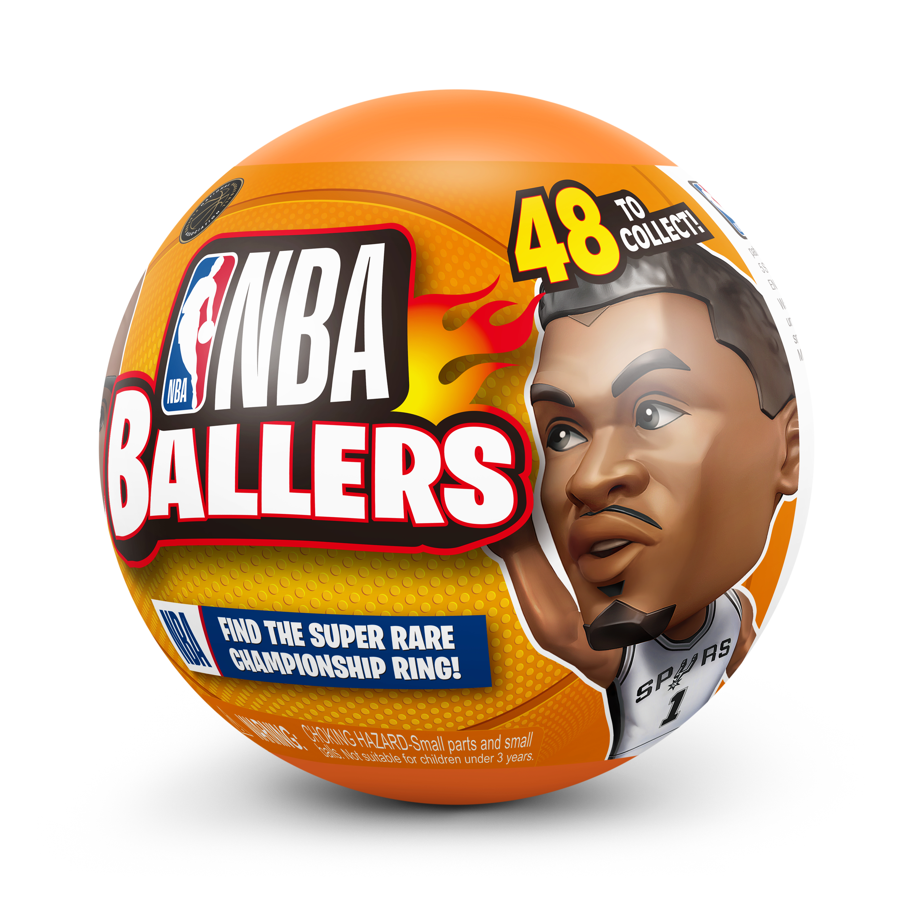 Ein basketballförmiges Spielzeug mit NBA-Logo und dem Gesicht eines Spielers. Es steht '48 to Collect' und 'Find the Super Rare Championship Ring!'