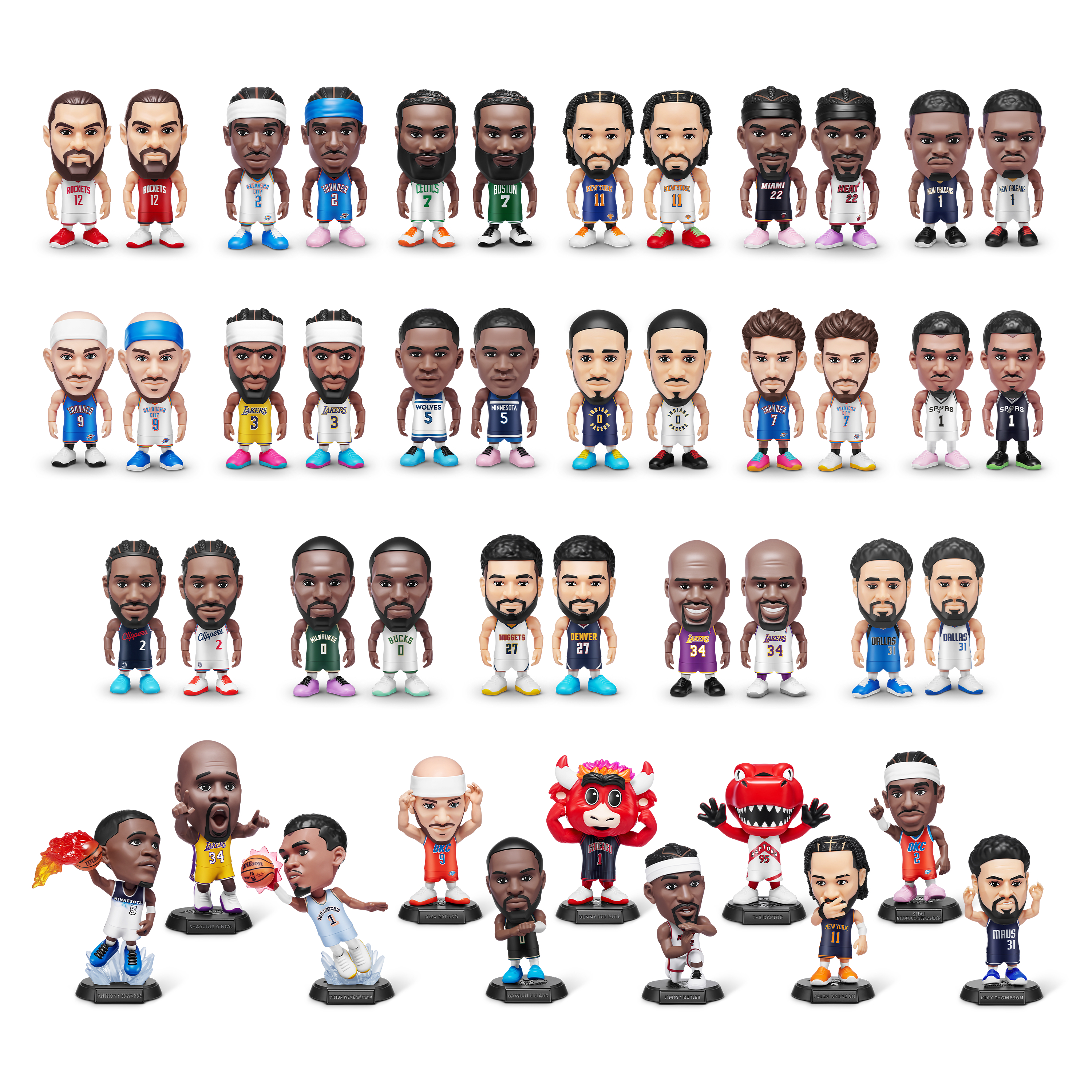 Sammlung von Basketball-Wackelkopfpuppen. Verschiedene Teams sind vertreten. Einige Spieler halten einen Ball. Andere stehen mit einer Pose.