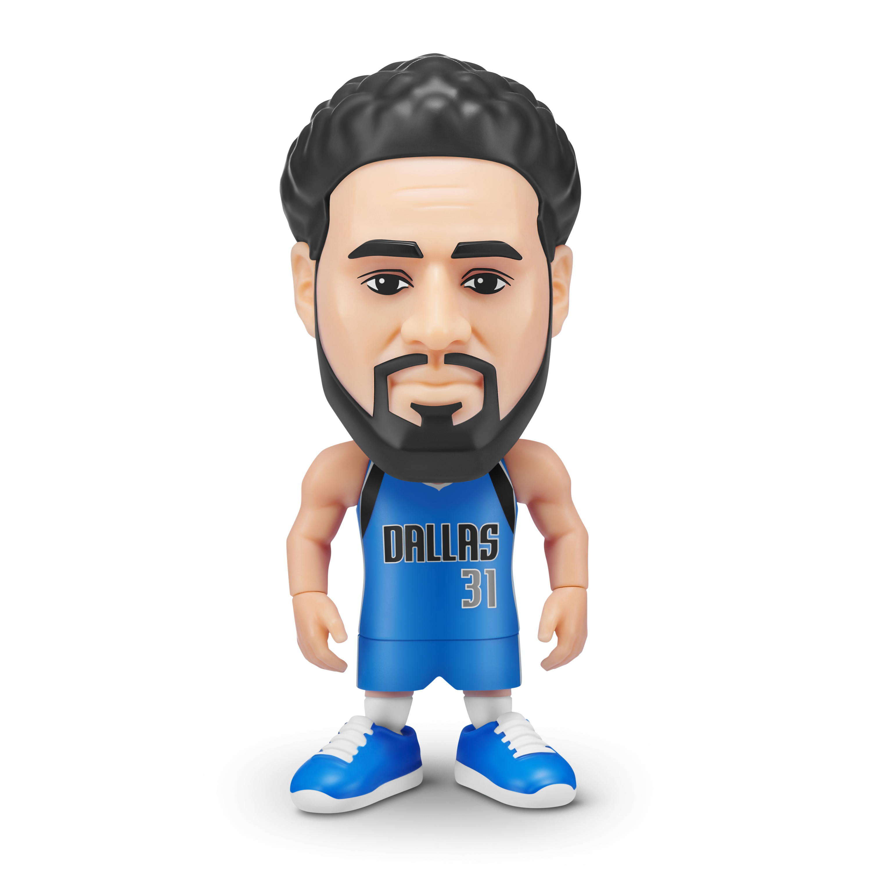 Eine Figur eines Basketballspielers in einem blauen Dallas Mavericks-Trikot mit der Nummer 31. Schwarze Haare und Bart.